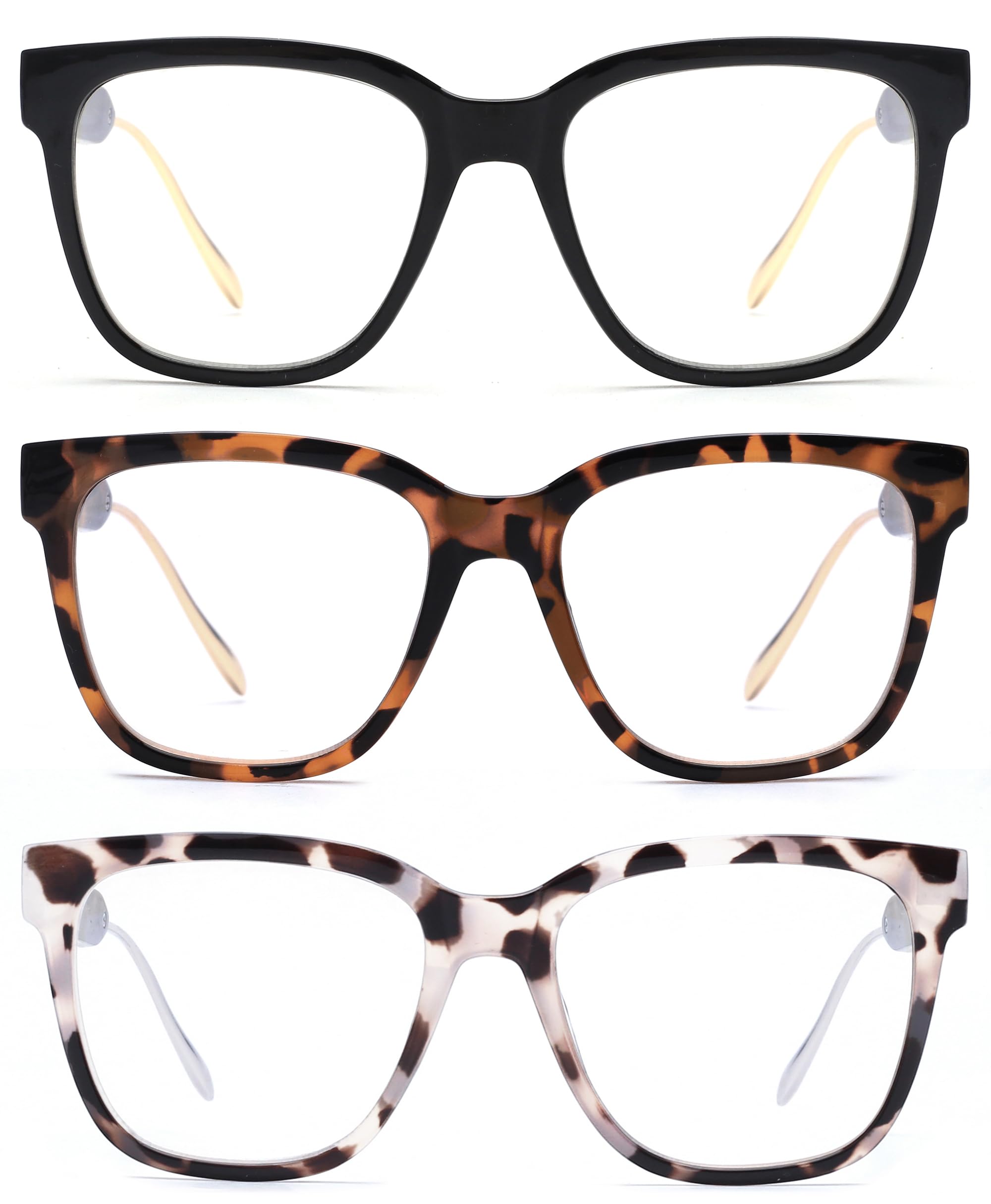 JM 3 Pack Classic Square Reading Glasses for Women & Men - Retro Trendy Oversized Blue Light Blocking Readers - Perfect for Office, Reading & Screen Time