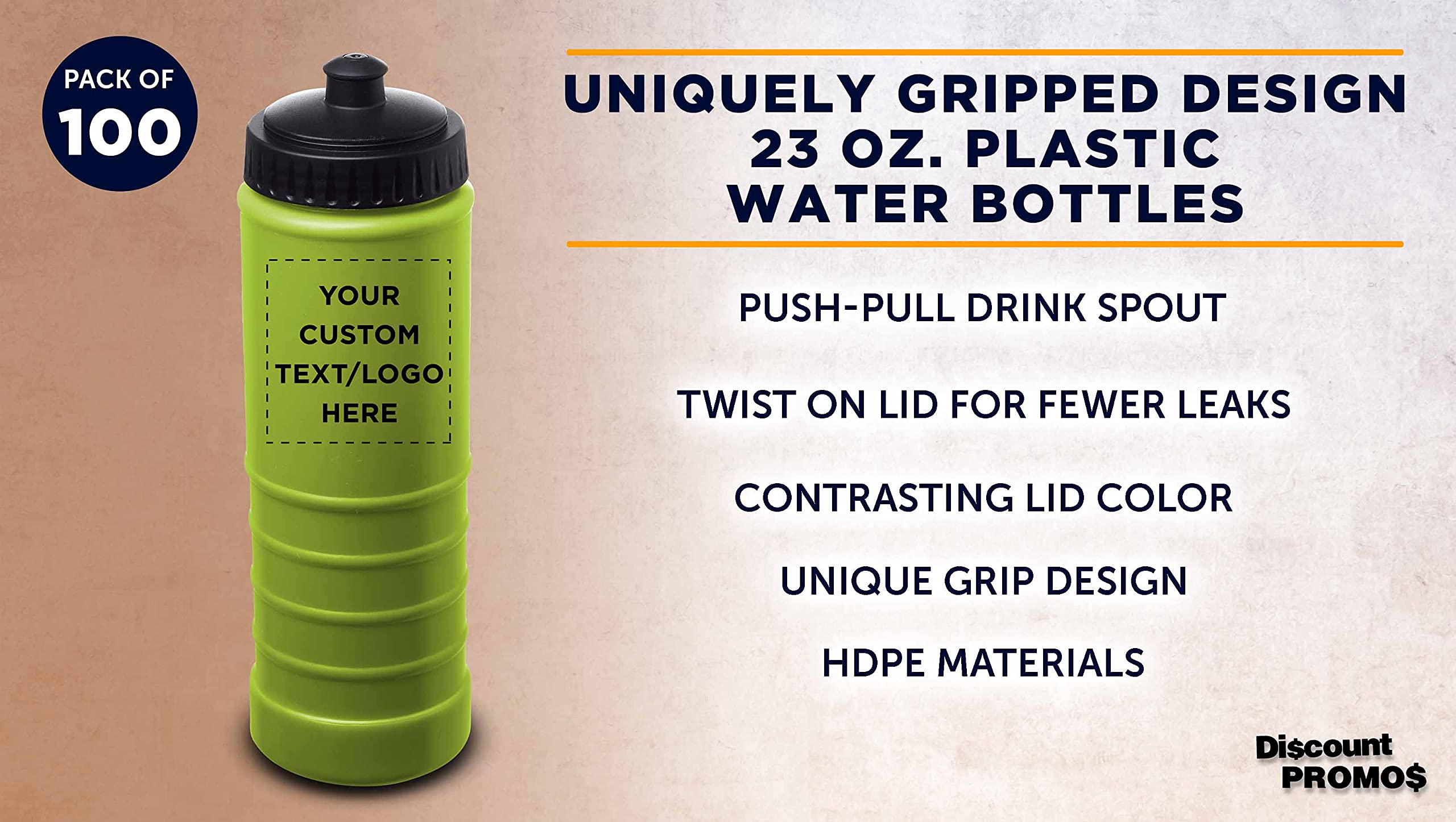 100 Pack 23 oz Plastic Water Bottles with Screw-On Lid & Grip Design - Customizable Text/Logo - Lime Green - Ideal for Sports, Events, Promotions & Bulk Hydration Needs