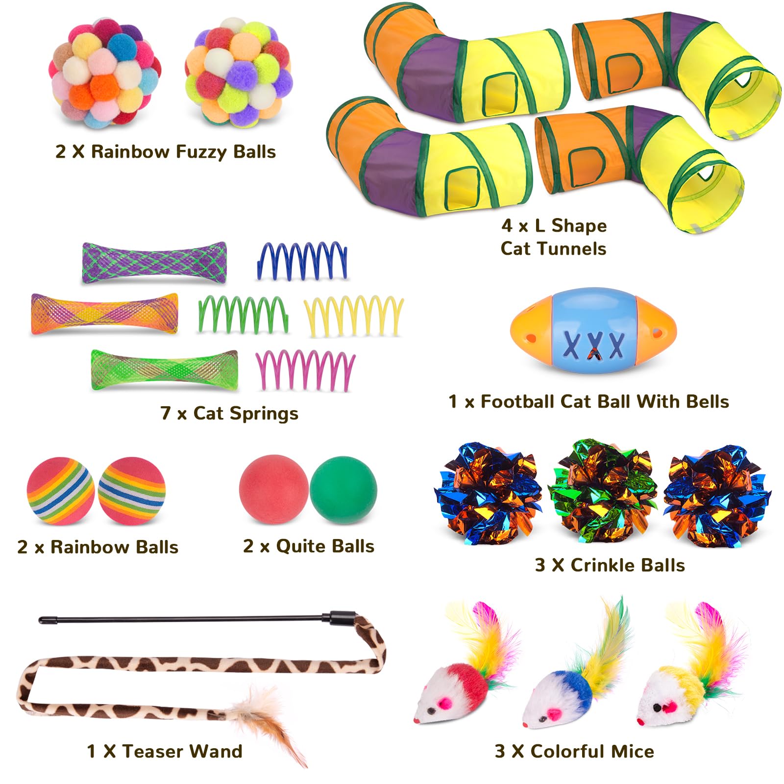 25 Pcs Cat Toys Set: Interactive Feather Teaser Wand, 4 Collapsible Cat Tunnels, Springs, Mouse, Crinkle Toys, Rainbow Football Ball with Bell - Perfect for Indoor Kittens and Cats Playtime