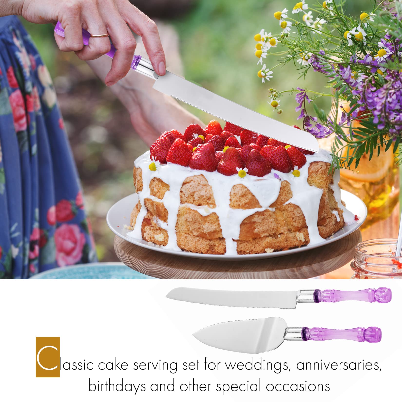 Premium Acrylic Crystal Handle Cake Knife and Server Set - Elegant Cake Cutter & Pie Spatula for Wedding, Birthday, Party Desserts (Purple Silver) - Perfect for Cake Cutting Ceremonies, Buffet Serving & Special Occasions