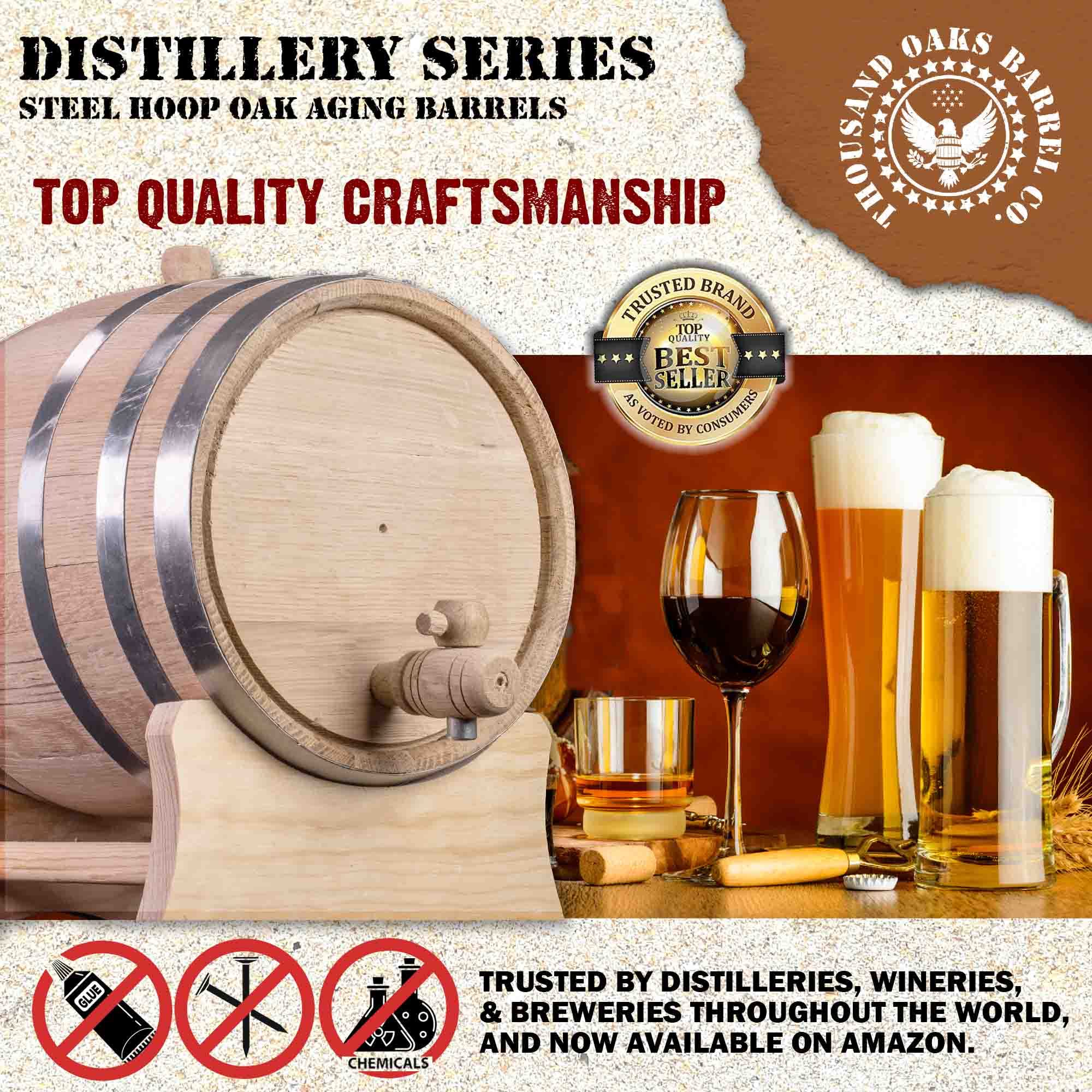 2.5 Gallon Oak Whiskey Aging Barrel with Wood Stand - Unvarnished Charred Oak Barrel for Bourbon, Wine & Spirits | Home Brewing, Distilling & Winemaking | Perfect for Small Batch Aging, DIY Craft Spirits & Home Bar Decor (10 Liter)