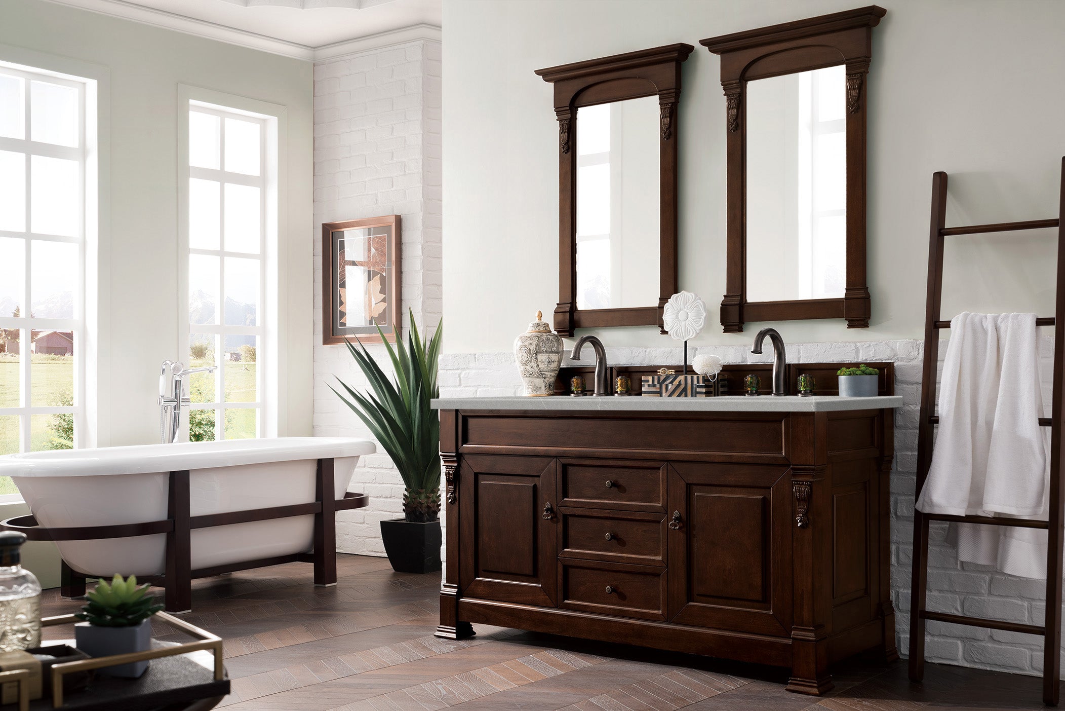Brookfield 60-Inch Double Bathroom Vanity with Burnished Mahogany Finish & 3CM Eternal Serena Quartz Countertop - Perfect for Master Bathroom Renovations & Luxury Home Upgrades
