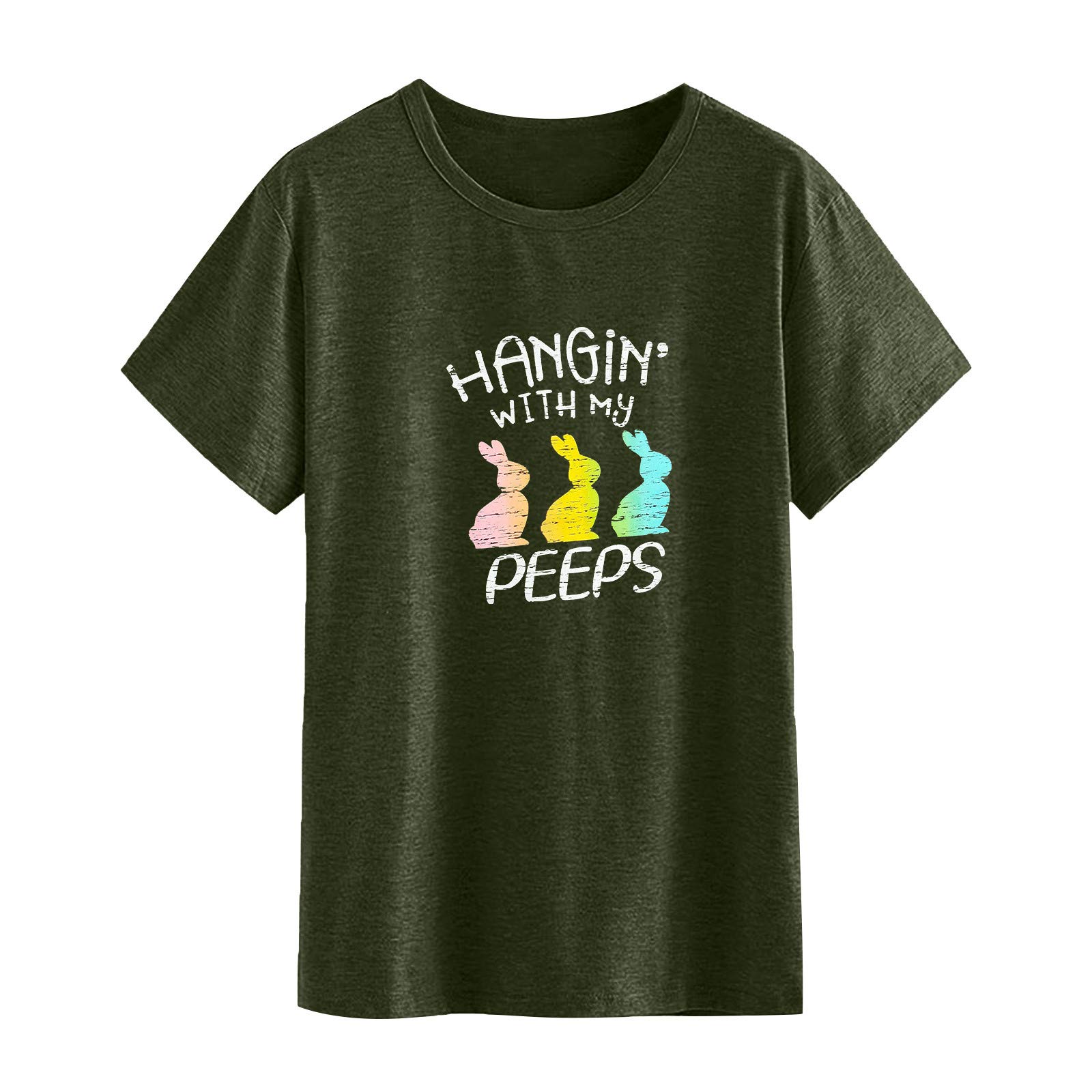 Funny Easter T-Shirt for Women - Cute Bunny Print Graphic Tee with 'High with My Peeps' Slogan | Loose Fit Short Sleeve Cotton Shirt | Perfect Easter Gift, Party Outfit & Casual Spring Wear