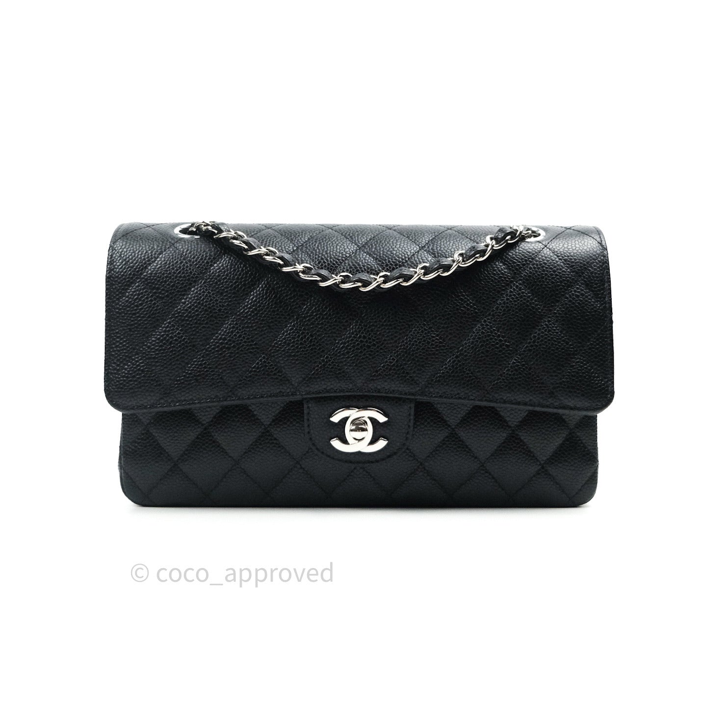 Chanel Classic M/L Medium Double Flap Bag Black Caviar Leather with Silver Hardware - Luxury Designer Handbag for Women, Perfect for Work, Evening Events & Special Occasions