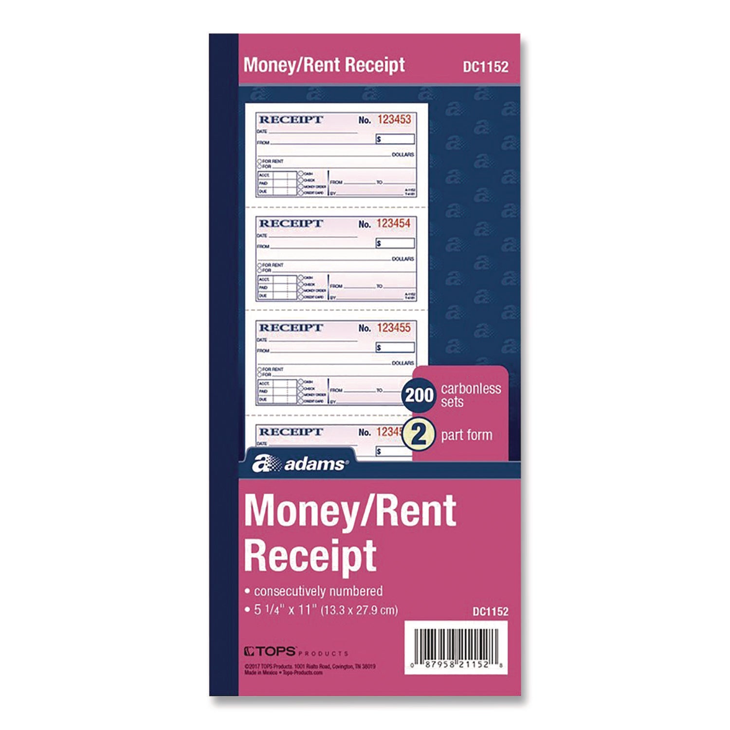 Adams® Money & Rent Receipt Book - 2-Part Carbonless Duplicate, 4.75
