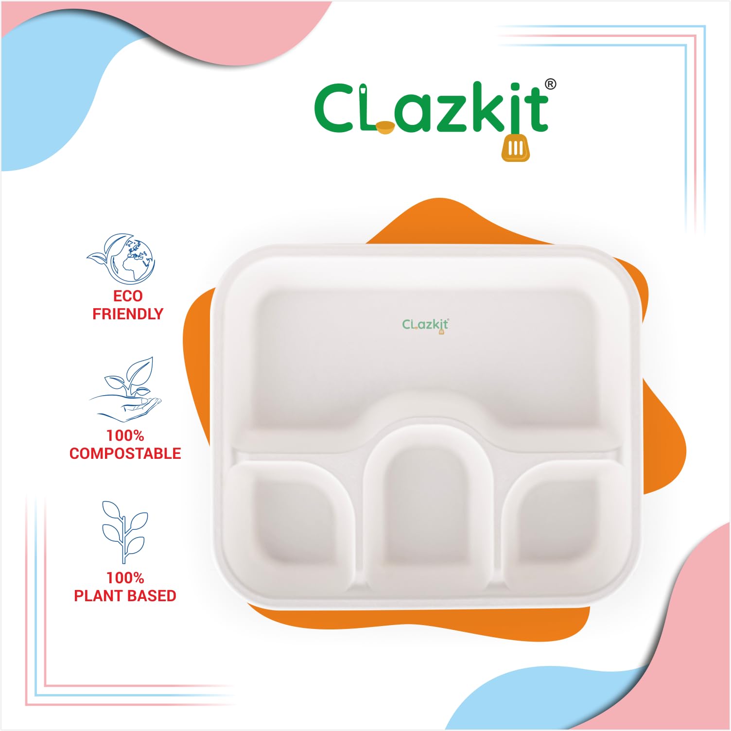Clazkit 50 Pack 4-Compartment Disposable Meal Trays - Eco-Friendly Biodegradable Bagasse Plates for Parties, Weddings & Events | Perfect for Catering, Picnics & Outdoor Dining