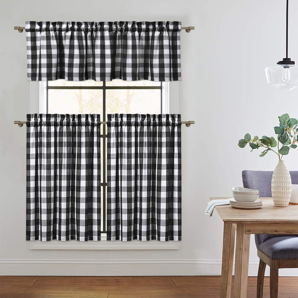 CAROMIO Buffalo Check Kitchen Curtains 36 Inches - Black and White Plaid Gingham Window Curtains for Kitchen, Bathroom, Cafe - Rustic Farmhouse Decor for Windows, Tiered Curtain Panels with Rod Pocket