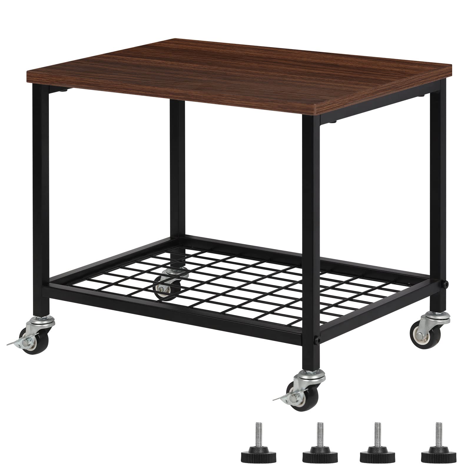 2-Tier Industrial Printer Stand Cart with Wheels - Under Desk Storage Organizer for Printer, Scanner & Fax - Rustic Walnut Finish - Perfect for Home Office & Workspace Organization