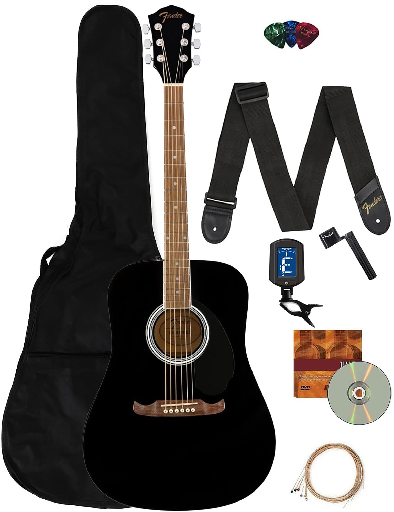 Fender Dreadnought Acoustic Guitar Bundle - Black with Gig Bag, Tuner, Strap, Strings, Picks & Online Lessons | Complete Starter Kit for Beginners | Perfect for Home Practice, Live Performances & Music Classes