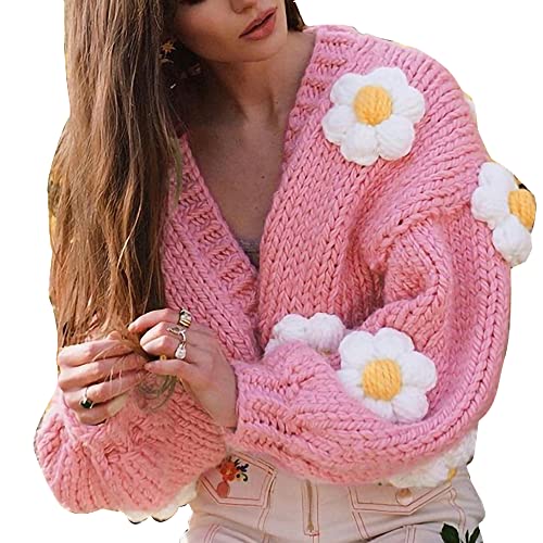 Women's Floral Knitted Cardigan - Lantern Sleeve Cropped Sweater Pink Open Front with Flower Design | Fashion Loose Outerwear for Spring, Fall & Casual Wear