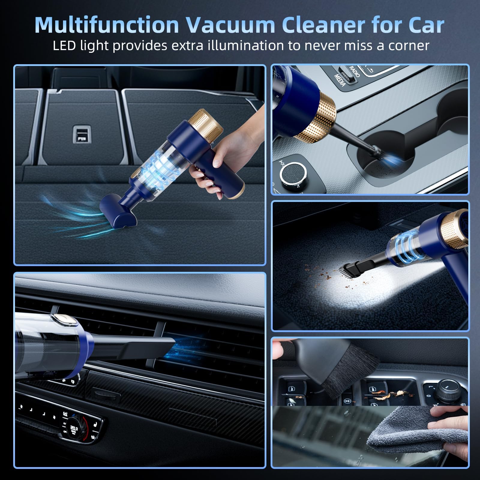 High Power Handheld Car Vacuum Cleaner - Rechargeable Mini Vacuum with LED Light & Detailing Brush for Car Interior, Home, Office, Keyboard Cleaning | Portable for Auto Detailing, Pet Hair, Dust Removal