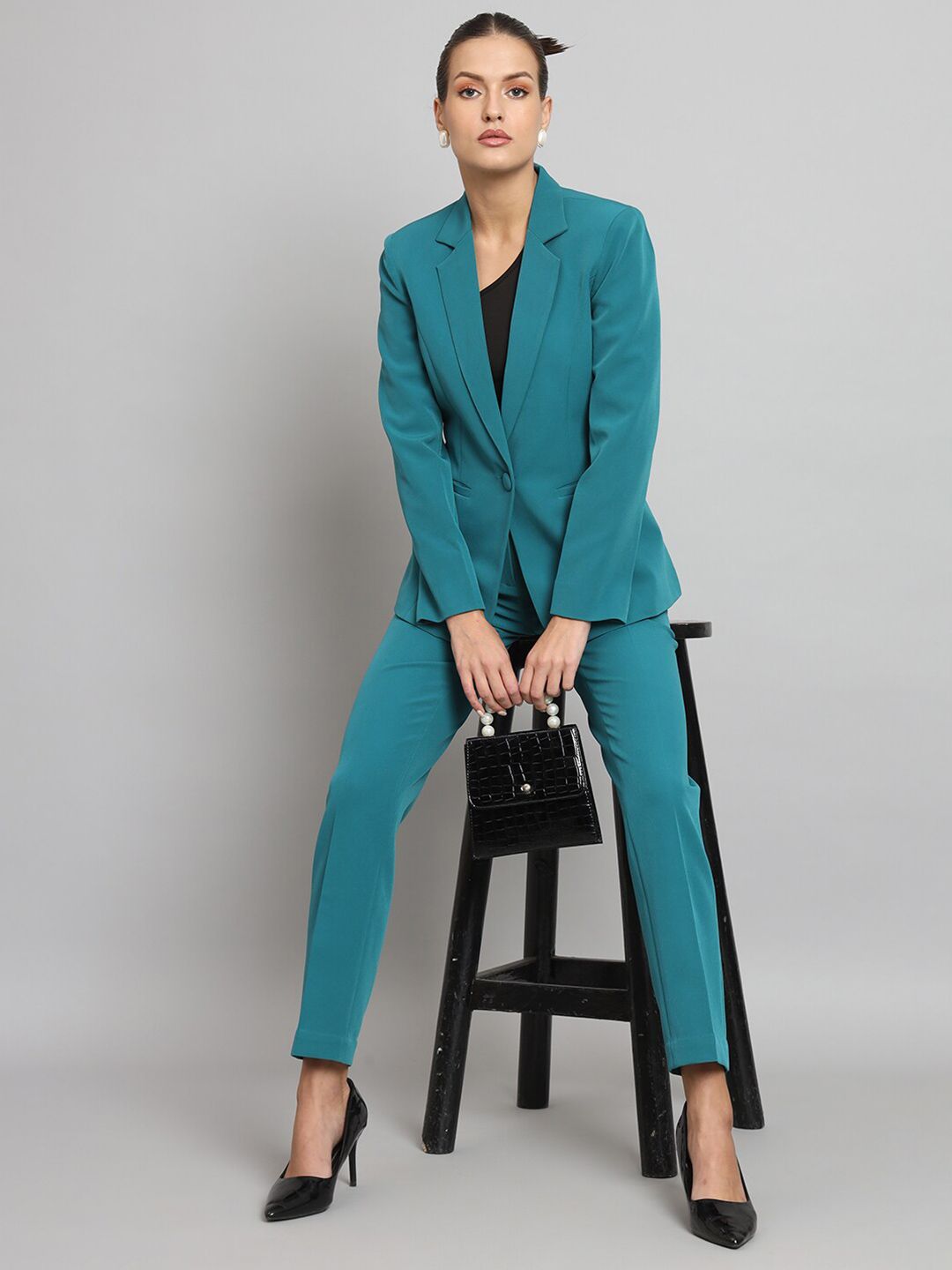 Stylish Notch Collar Stretch Pant Suit in Teal Green - Comfortable Office Wear & Business Attire for Women