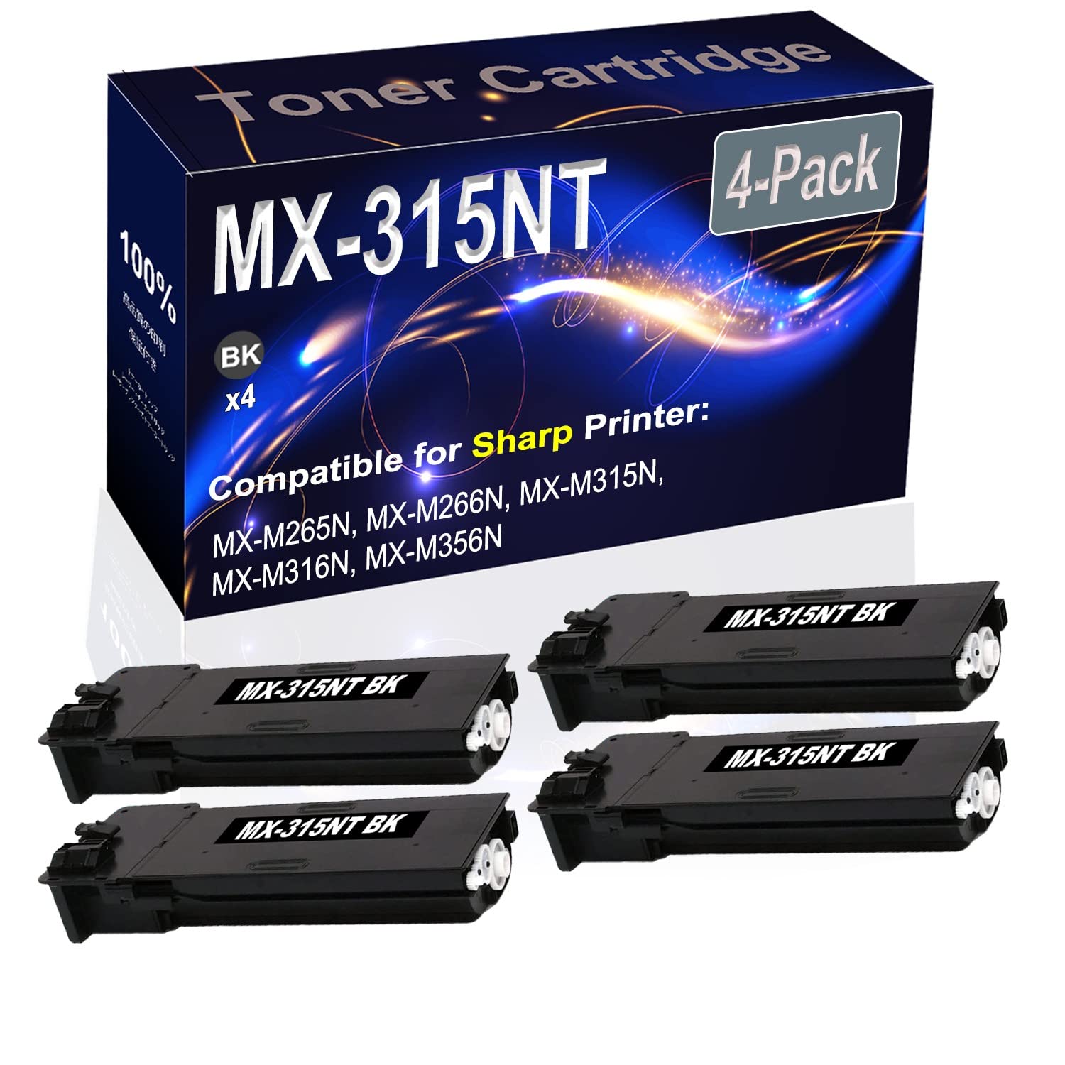4-Pack Black High Capacity Laser Printer Cartridge - Compatible with Sharp MX-M265N, MX-M266N, MX-M315N, MX-M316N, MX-M356N Printers - Replacement for MX-315NT MX315NT - Perfect for Office & Home Printing Needs
