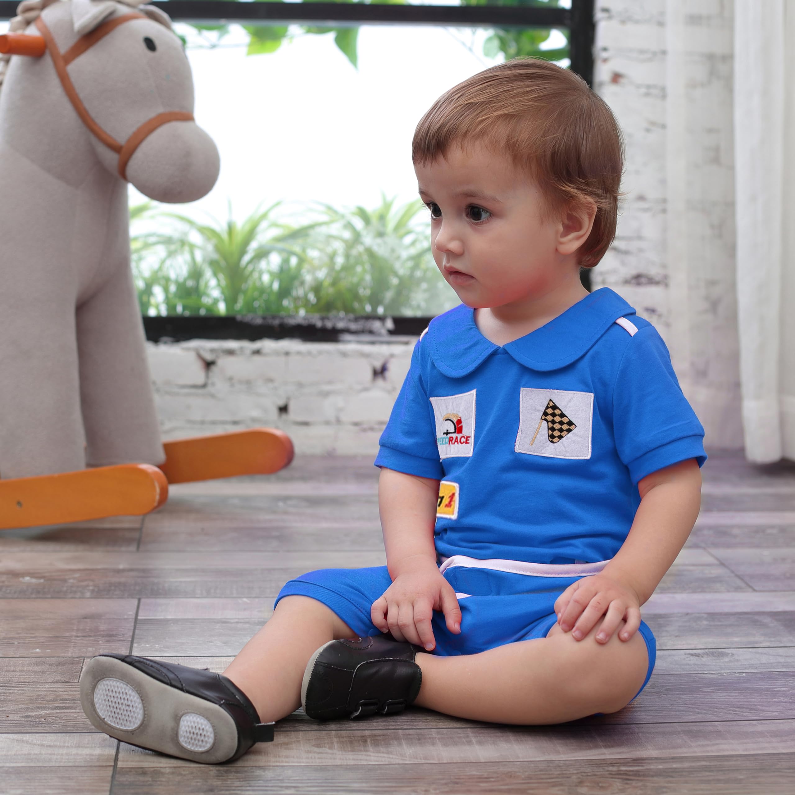 stylesilove Baby Boy Short Sleeve Cotton Romper - Cute Racer Style Outfit for Infant Boys | Perfect for Halloween, Playdates & Photo Shoots