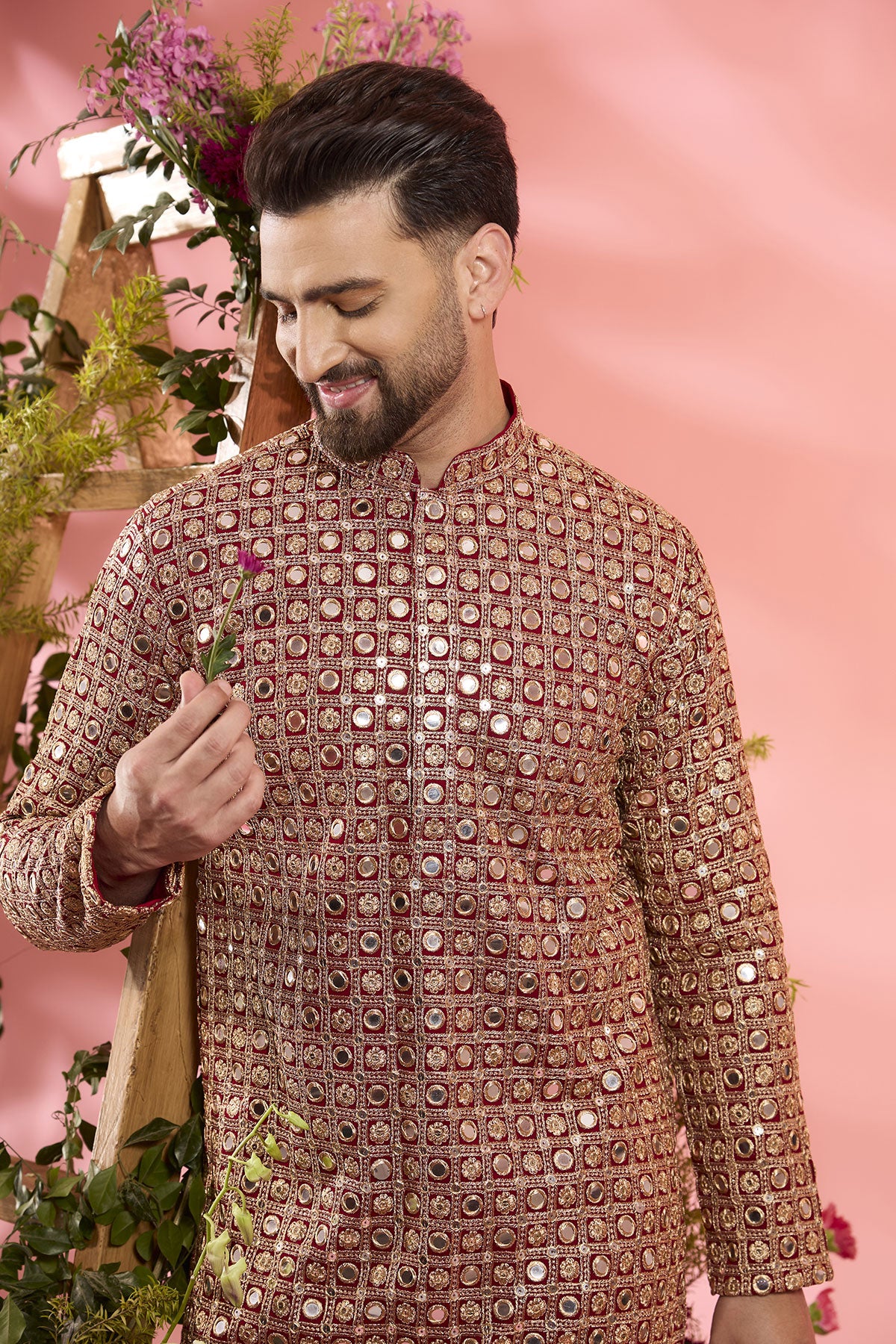 Elegant Red Georgette Mirror Work Kurta for Women - Traditional Indian Embroidered Tunic Top - Perfect for Festivals, Weddings & Special Occasions
