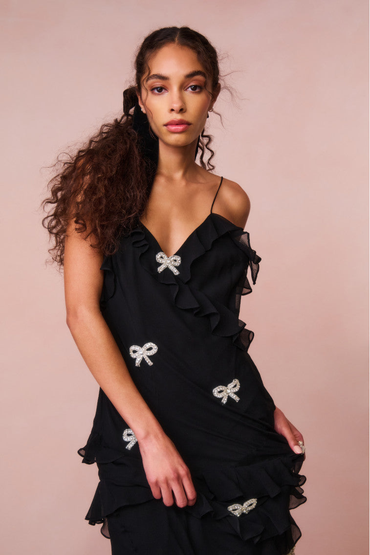 Elegant Rialto Crystal Bow Embellished Maxi Dress for Women - Formal Evening Gown for Weddings, Prom & Special Occasions