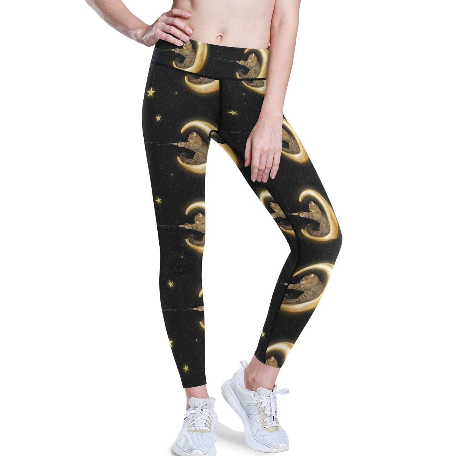 Cat Moon Yoga Pants - Women's High Waist Tummy Control Leggings for Workout & Running