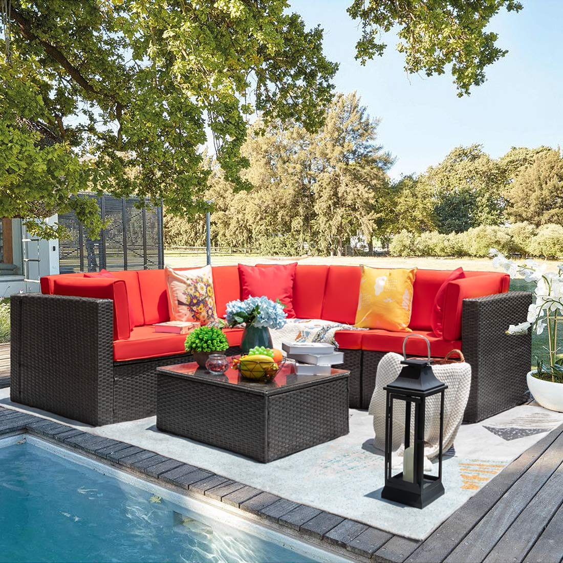 **Homall 6-Piece Outdoor Patio Furniture Set - All-Weather PE Rattan Sectional Sofa with Cushions & Glass Table, Red - Perfect for Backyard, Garden, Poolside & Deck Relaxation**