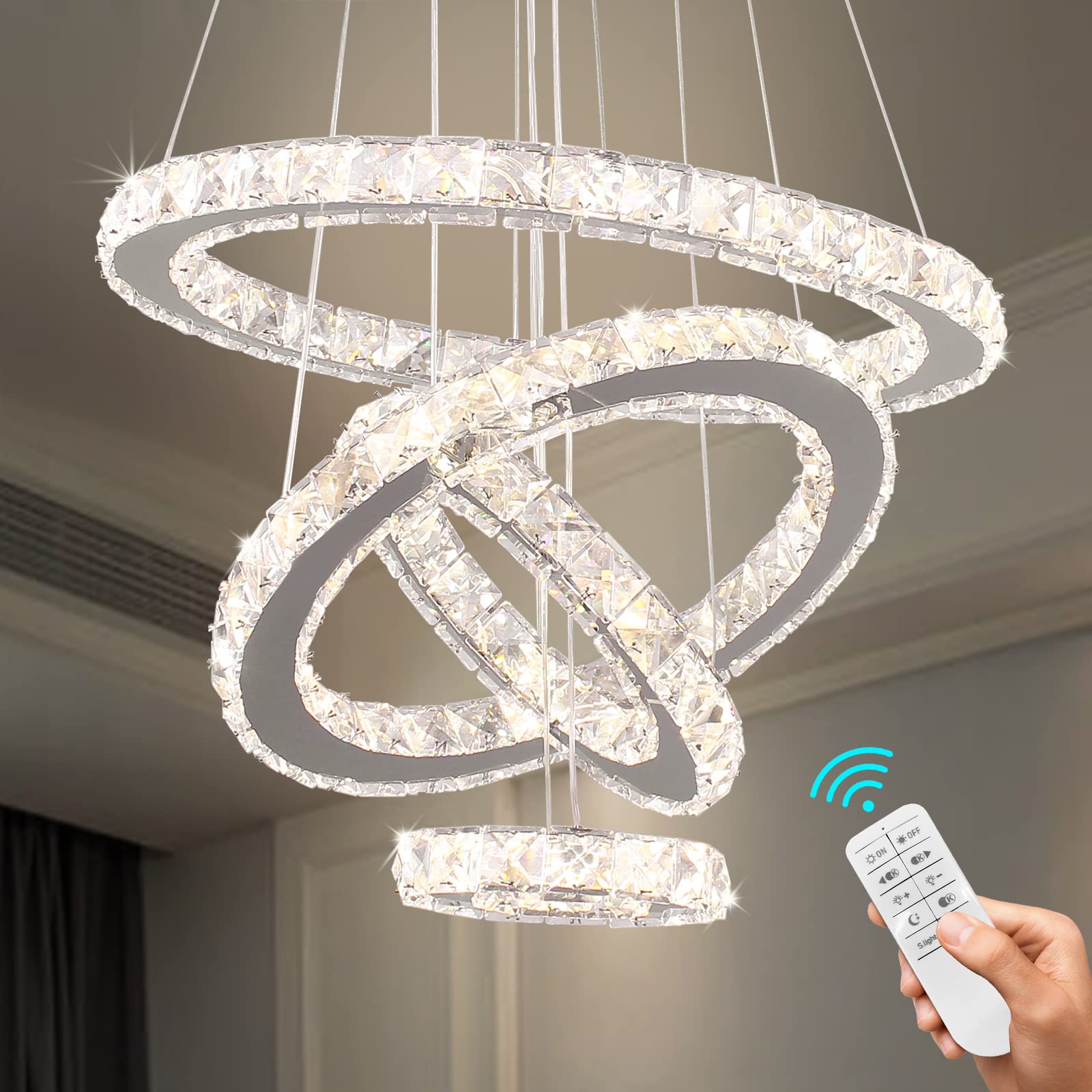 Modern LED Crystal Chandelier - Adjustable Stainless Steel Pendant Light Fixture with Dimmable Rings for Living Room, Dining Room, Bedroom | Elegant Home Lighting for Parties, Weddings & Luxury Interior Decor