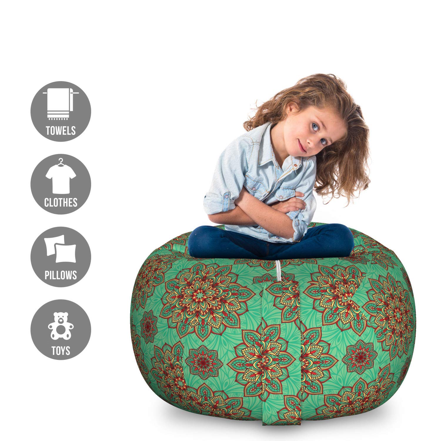 Ambesonne Turquoise Storage Toy Bag Chair - Large Washable Stuffed Animal Organizer with Eastern Mandala Geometric Art in Green, Red & Yellow | Perfect for Kids' Room, Playroom & Nursery Organization