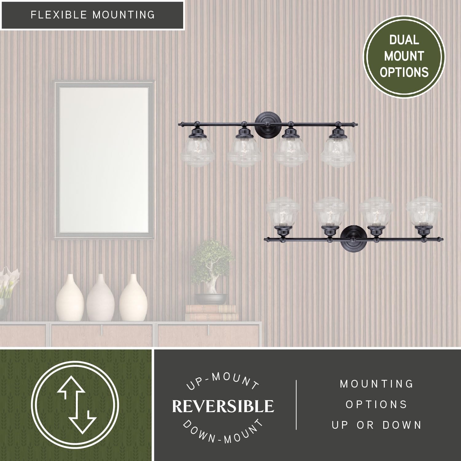 4-Light Bronze Farmhouse Schoolhouse Bathroom Vanity Light Fixture - Vintage Style Lighting for Bathroom, Powder Room & Dressing Area