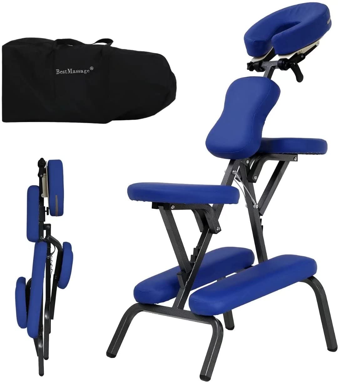 Foldable Massage Chair - Adjustable Tattoo & Spa Chair with Free Carry Case & Face Cradle - Portable Therapy Chair for Home, Salon & Clinic - Blue