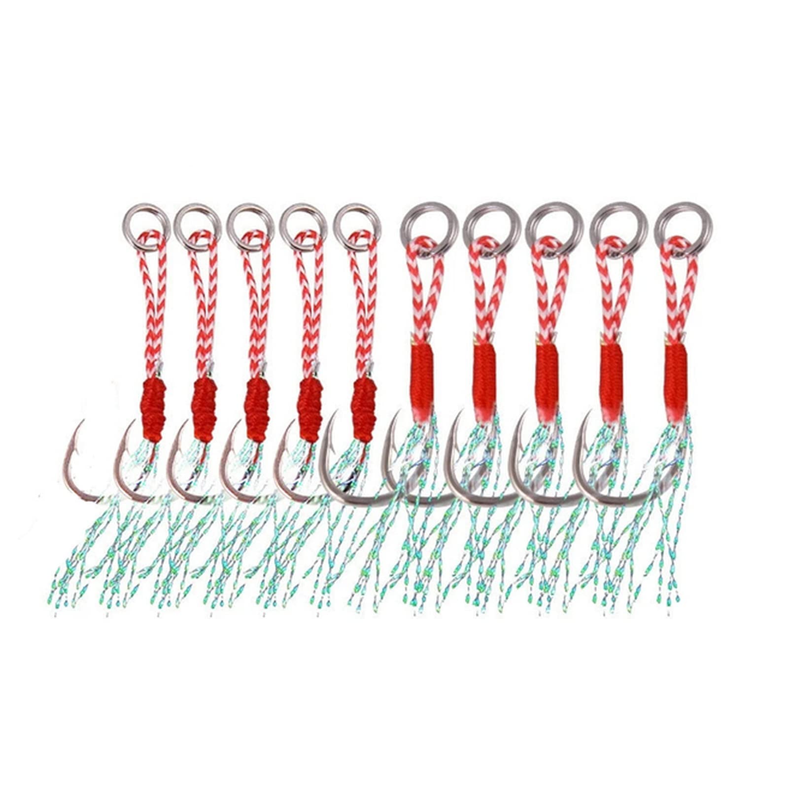Bamutech 10pcs Fishing Lure Hooks - Slow Jigging & Cast Jigs Assist Hooks with Barbed Single Hook & Thread Feather - High Carbon Steel Fishing Hooks (Size 12) for Saltwater & Freshwater Fishing