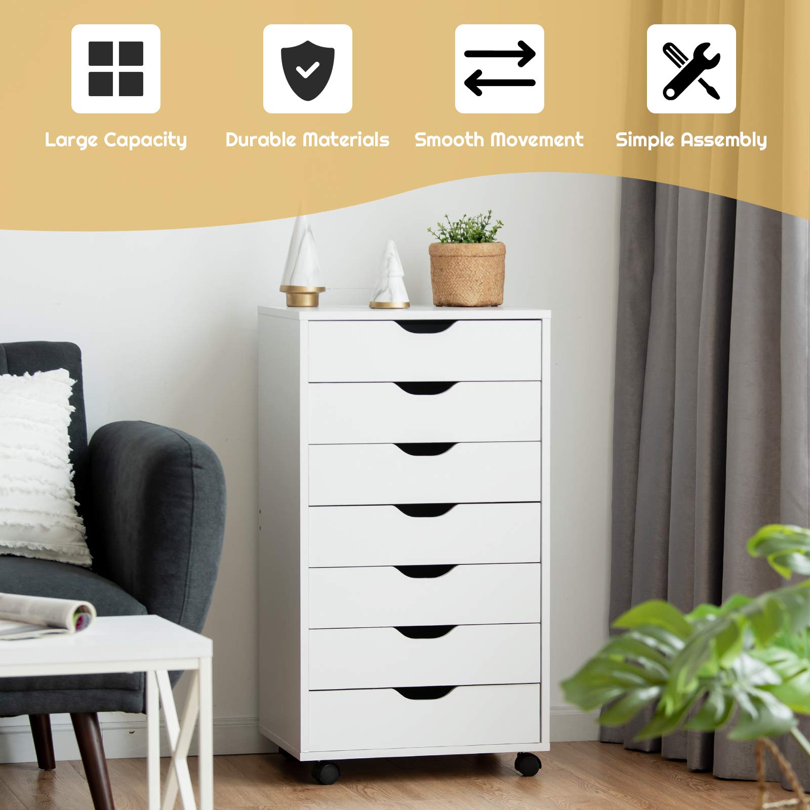 Giantex 7-Drawer Mobile File Cabinet with Wheels - White Lateral Storage Organizer for Home & Office (19”x15.5”x34.5”) - Perfect for Document Storage, Office Supplies & Craft Organization