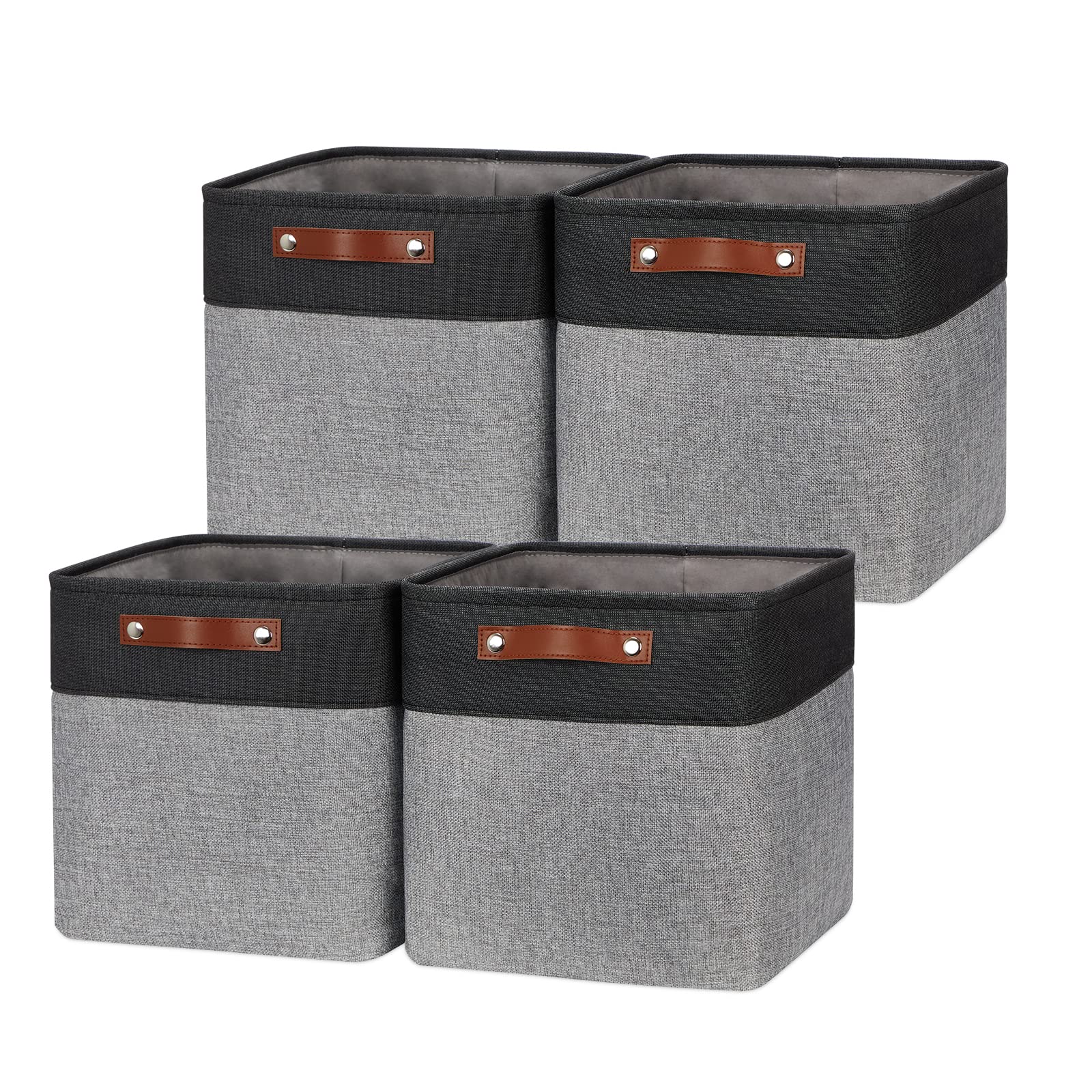 HNZIGE 11x11 Inch Fabric Cube Storage Bins - Set of 4 Foldable Organizer Baskets with Handles for Shelves, Closet, Nursery & Bedroom - Perfect for Home, Toy & Clothes Organization (Black & White)