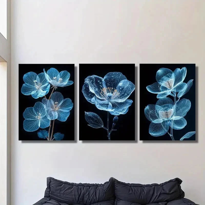 3-Piece Portrait Bright Blue Flower Painting Metal Print Wall Art - Ready to Hang, Perfect for Living Room, Bedroom & Office Decor