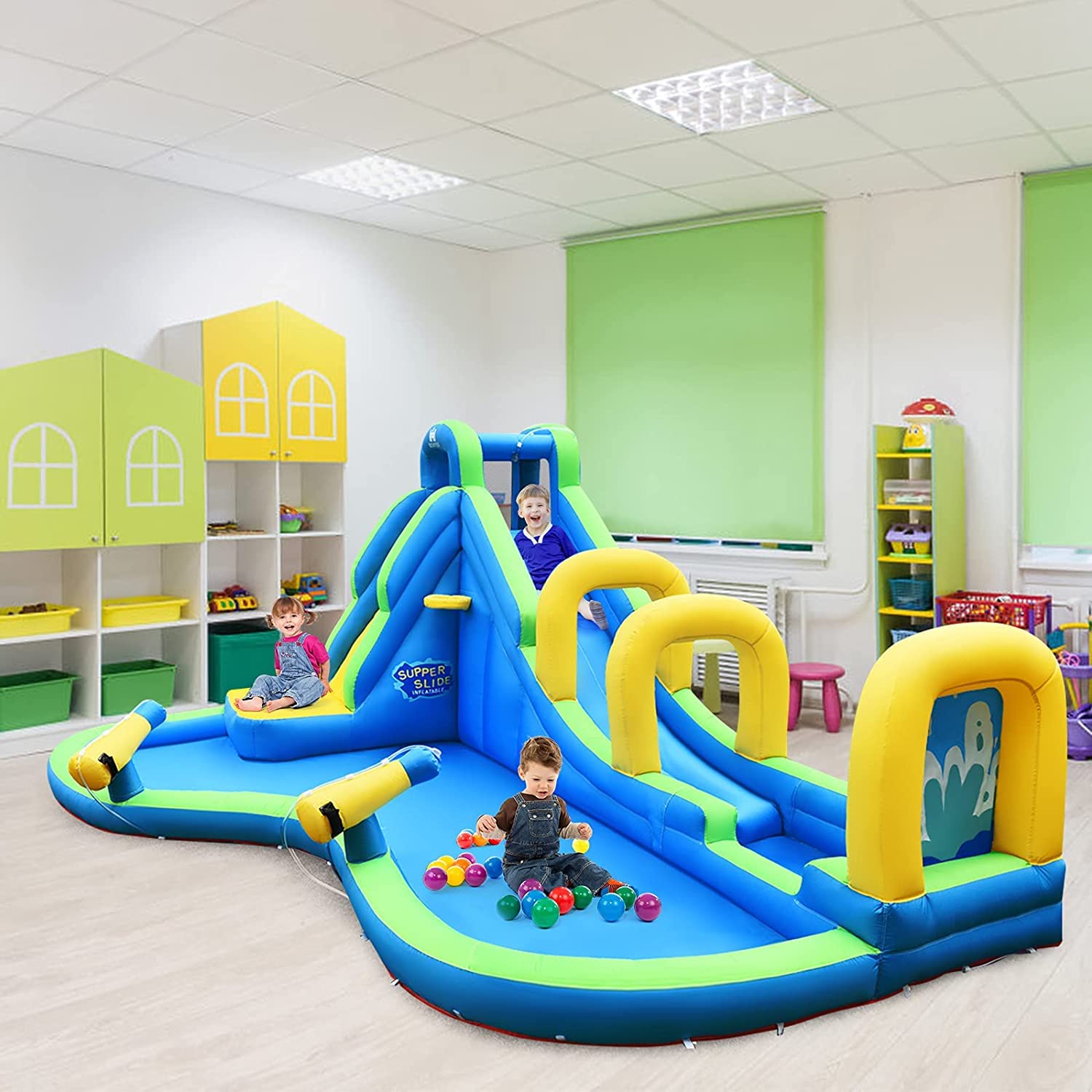 **HONEY JOY 5-in-1 Inflatable Water Slide Park with Water Cannons & Long Slide - Indoor/Outdoor Bouncy Castle for Kids & Adults - Backyard Summer Fun (Includes 735W Blower)**    **Perfect for backyard parties, family gatherings, summer celebrations, and outdoor water play!**