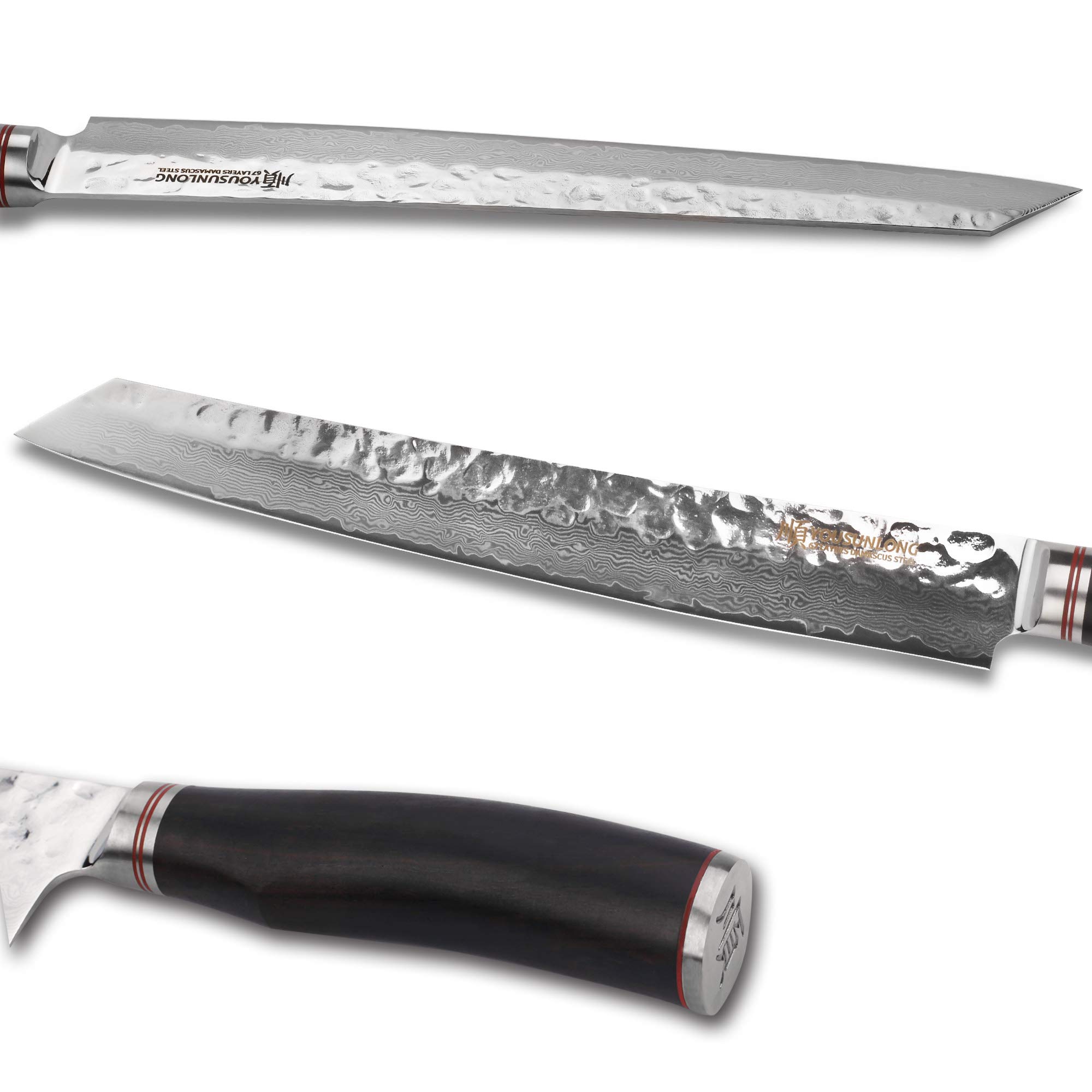 YOUSUNLONG 11-inch Japanese Sujihiki Knife - Professional Damascus Steel Carving & Slicing Knife with Ergonomic Ebony Handle - Perfect for Sushi, Roast Meat, and Precision Cutting
