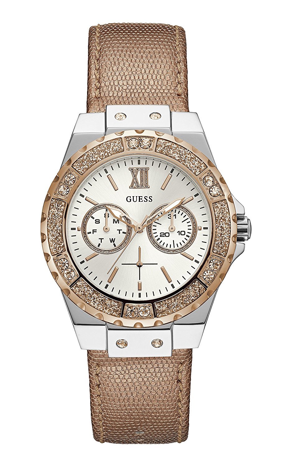 GUESS Factory Women's Rose Gold-Tone Multifunction Watch with Date Window & Water Resistance - Perfect for Work, Party & Everyday Wear