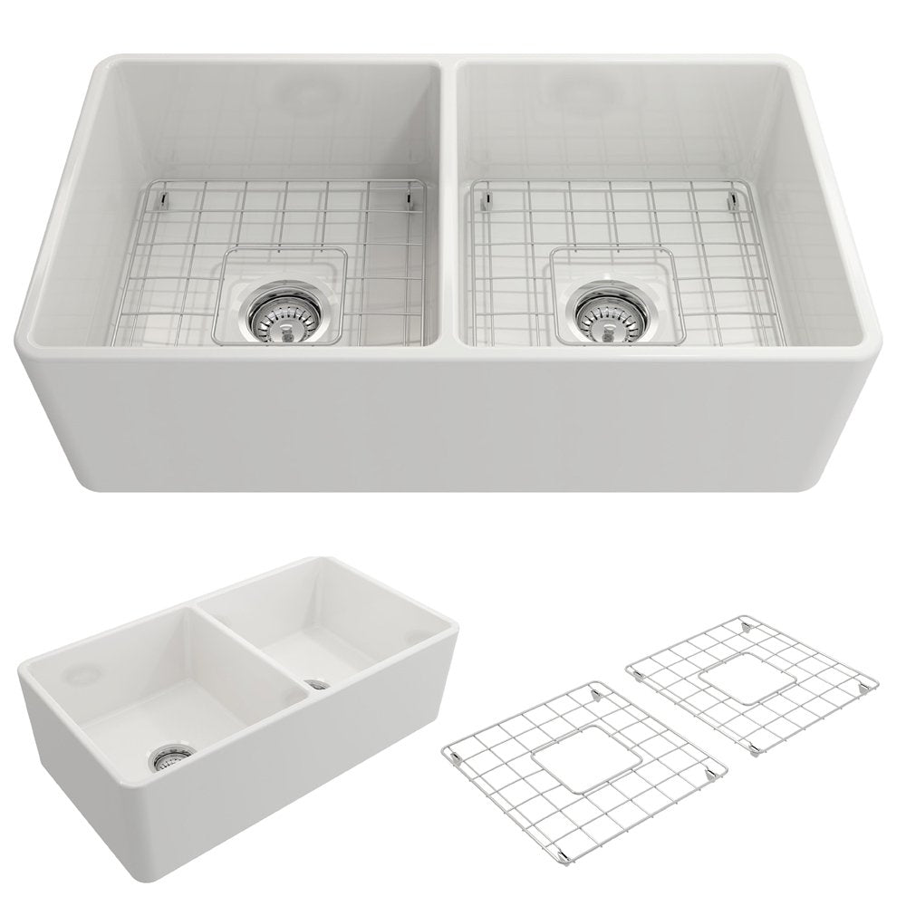 Bocchi Classico Farmhouse Apron Front Fireclay 33-Inch Double Bowl Kitchen Sink - 9 Color Options | Perfect for Rustic & Modern Farmhouse Kitchens