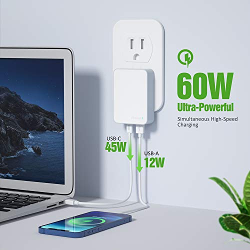 Nekmit 60W USB C Fast Charger with GaN Tech & PD 3.0 - Slim Foldable Wall Charger for MacBook, iPad Pro, iPhone 14/14 Pro/14 Pro Max, Galaxy, Pixel - Perfect for Travel, Home & Office Use
