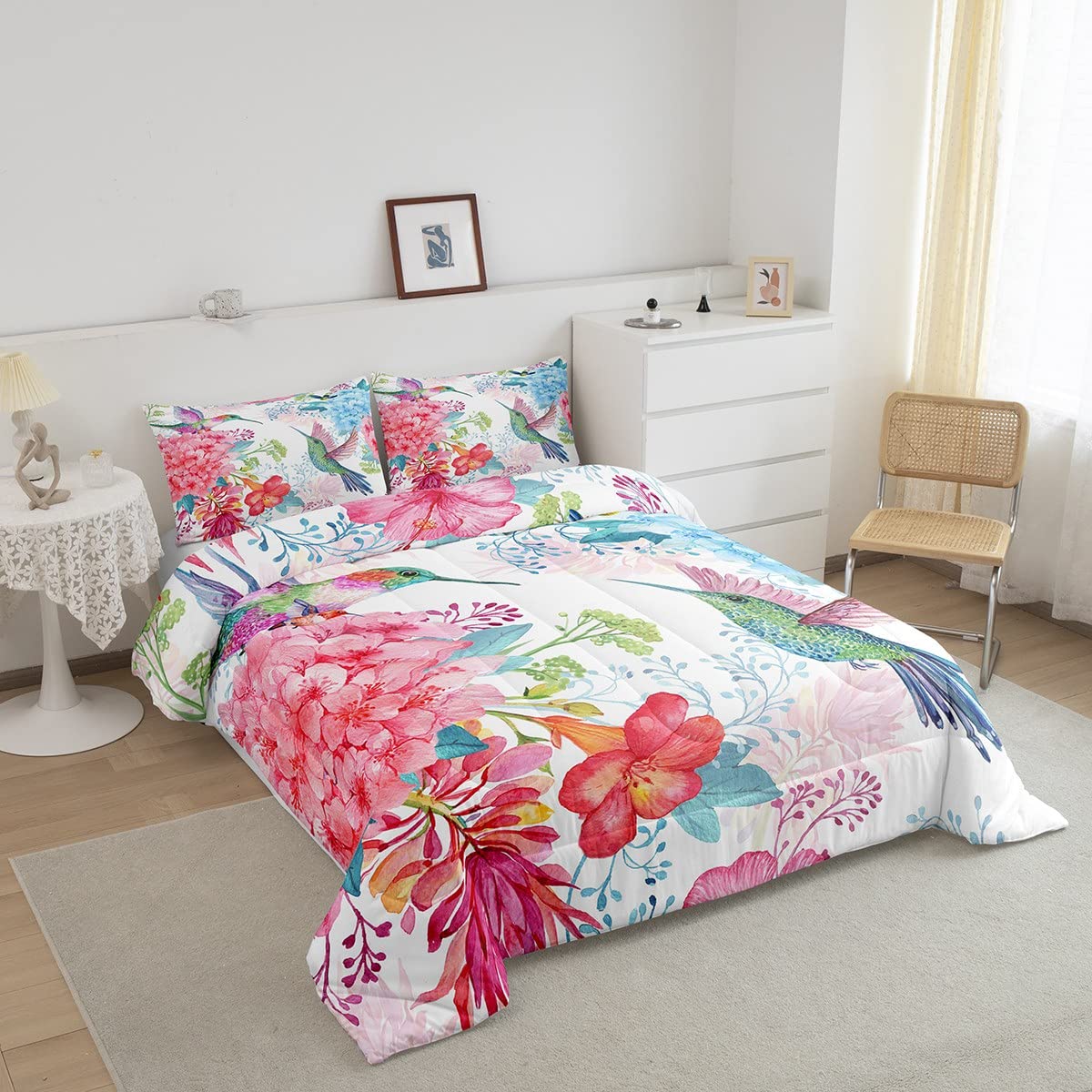 Feelyou Hummingbird Comforter Set - Tropical Birds & Blossoming Iris Flowers Duvet Cover, Pink Bedding for Kids Boys Girls, King Size - Perfect for Nursery, Bedroom Decor & Gift