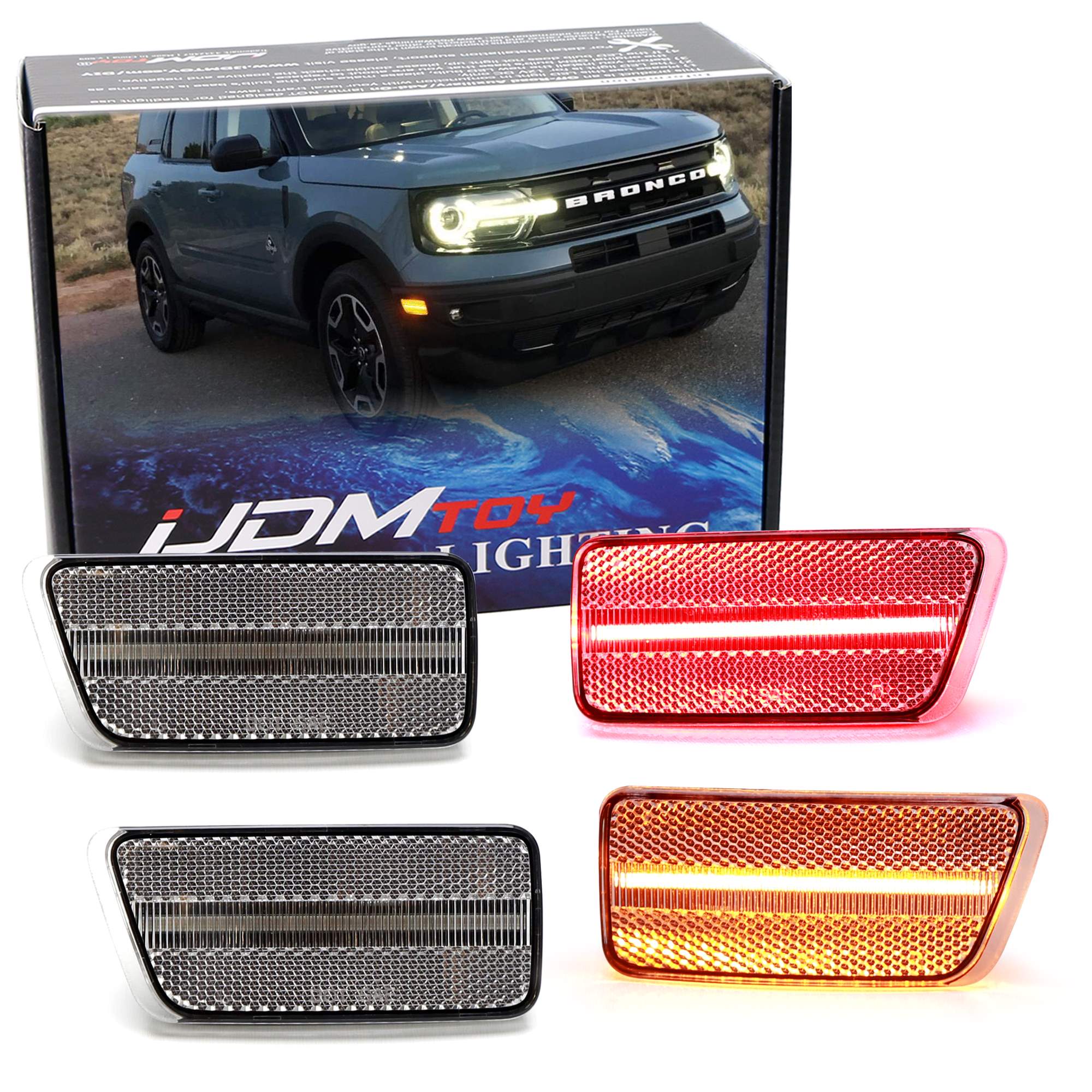 4pc Set Clear Lens Amber/Red Full LED Side Markers for 2021-2023 Ford Bronco Sport - High Visibility Daytime Running Lights for Off-Road & Night Driving Safety