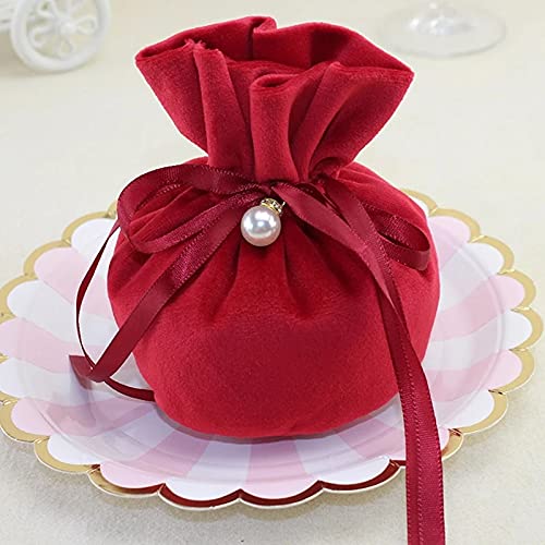 10 Pack Round Bottom Velvet Drawstring Gift Bags with Pearl Beads - Christmas Birthday Party Favors for Jewelry, Cookies, Candy & Giveaways (Red) - Perfect for Weddings, Baby Showers & Holiday Gifting