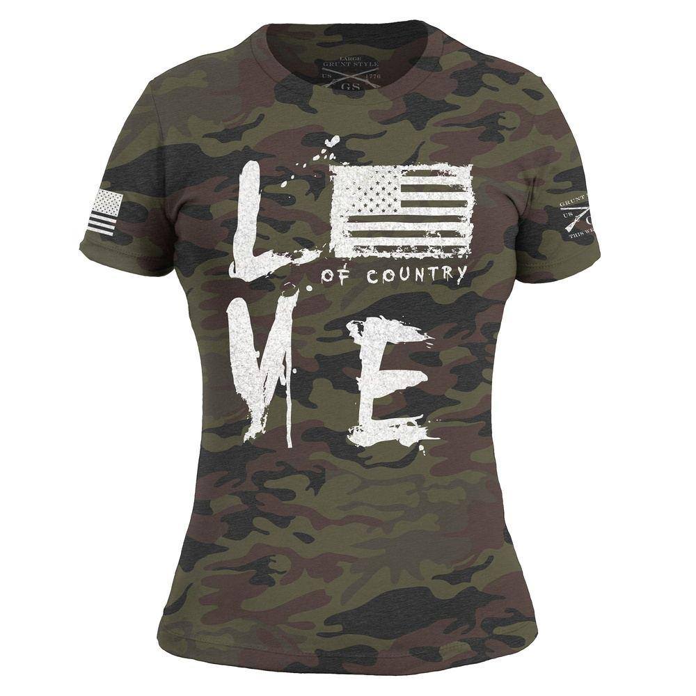 Patriotic Women's Love of Country T-Shirt - Woodland Camo Design | Perfect for 4th of July, Veterans Day & Outdoor Adventures