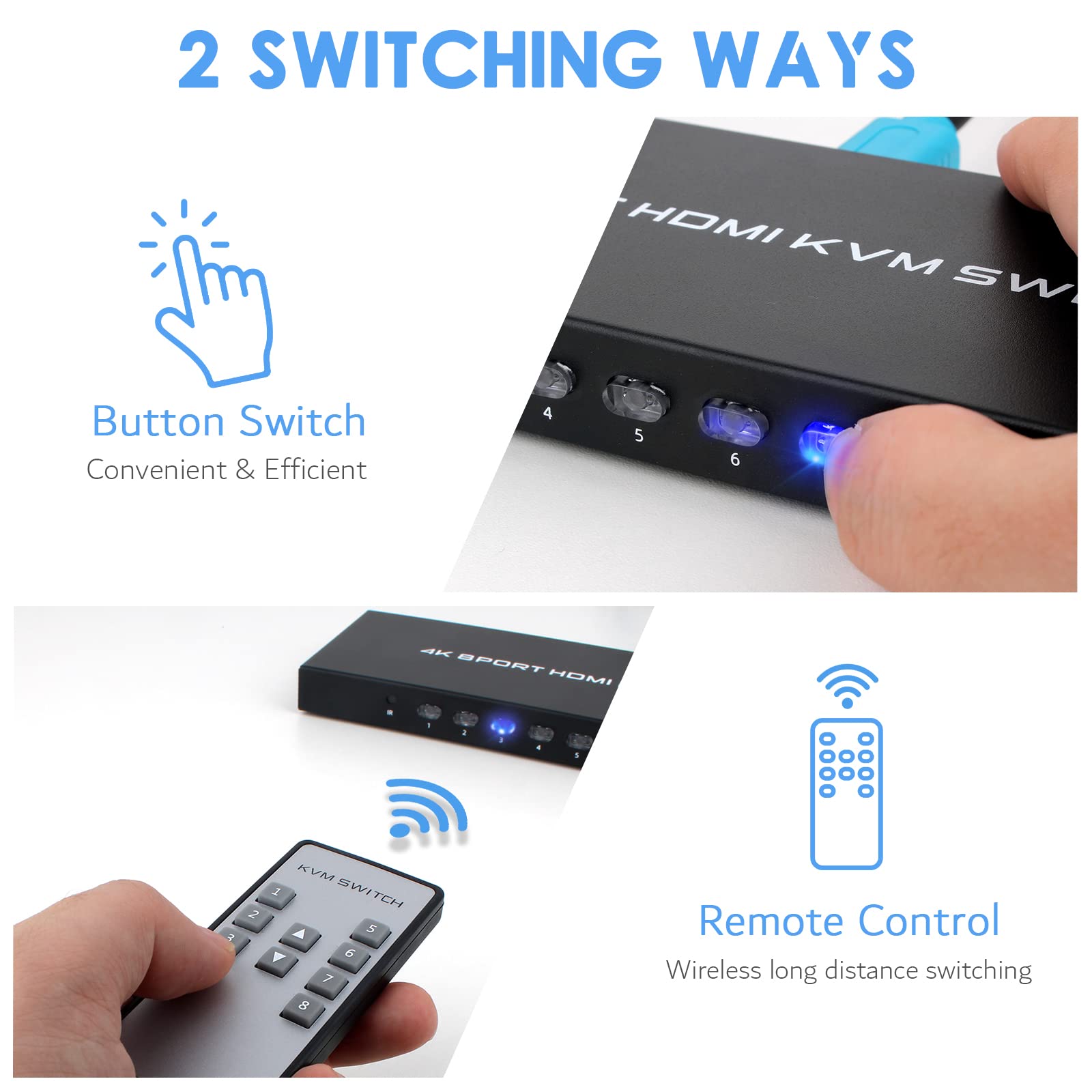 8 Port 4K KVM Switch HDMI USB - Share 4K@30Hz Monitor & 4 USB Devices for 8 Computers, Includes IR Remote & 8 HDMI/USB Cables - Perfect for Home Office, Gaming, and Multi-PC Workstations
