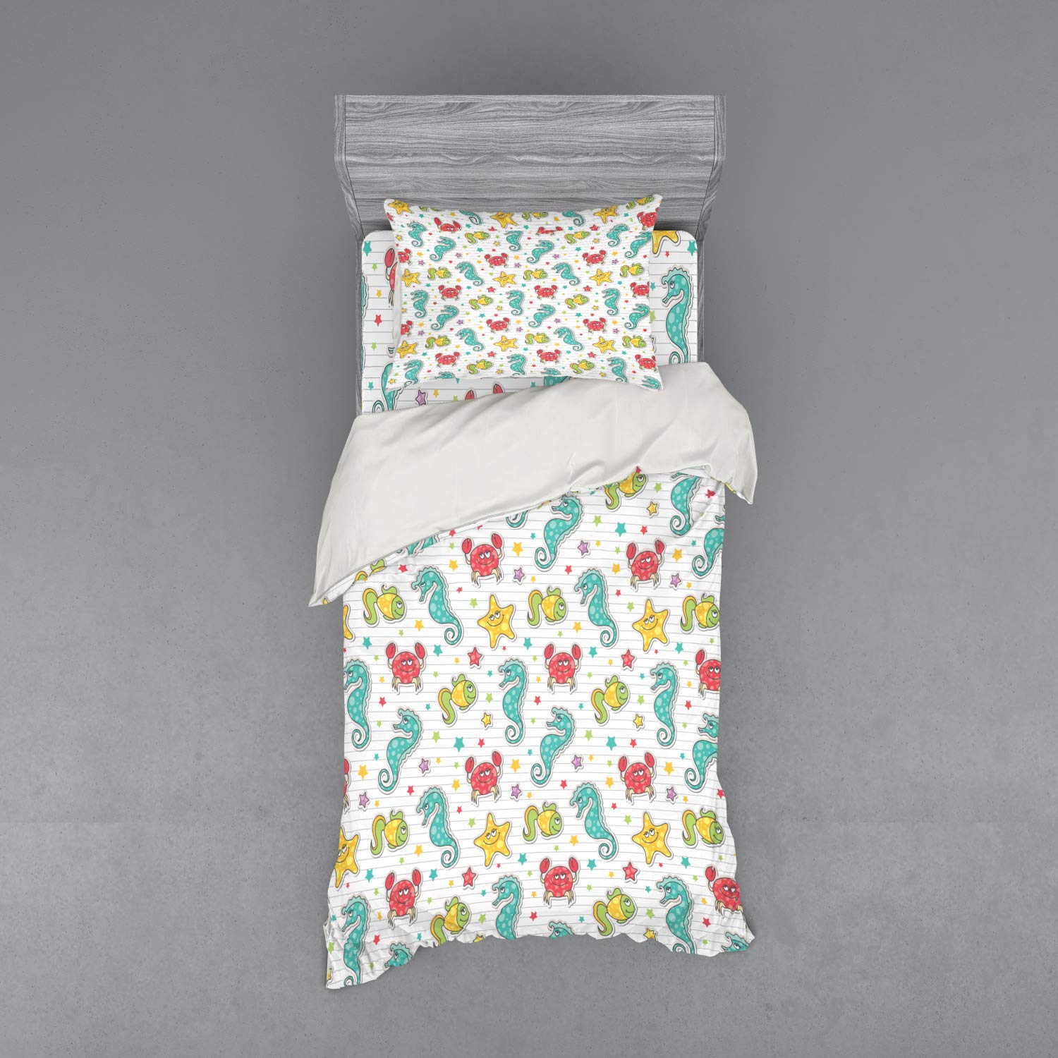 Ambesonne Cartoon Duvet Cover Set - Sea Creatures Design with Seahorse, Crabs & Fish in Aqua Drawing Style | 3-Piece Twin Size Bedding Set with Pillow Sham & Fitted Sheet | Teal, Mustard & Dark Coral Colors | Perfect for Kids' Rooms, Beach Themed Decor & Ocean Lovers