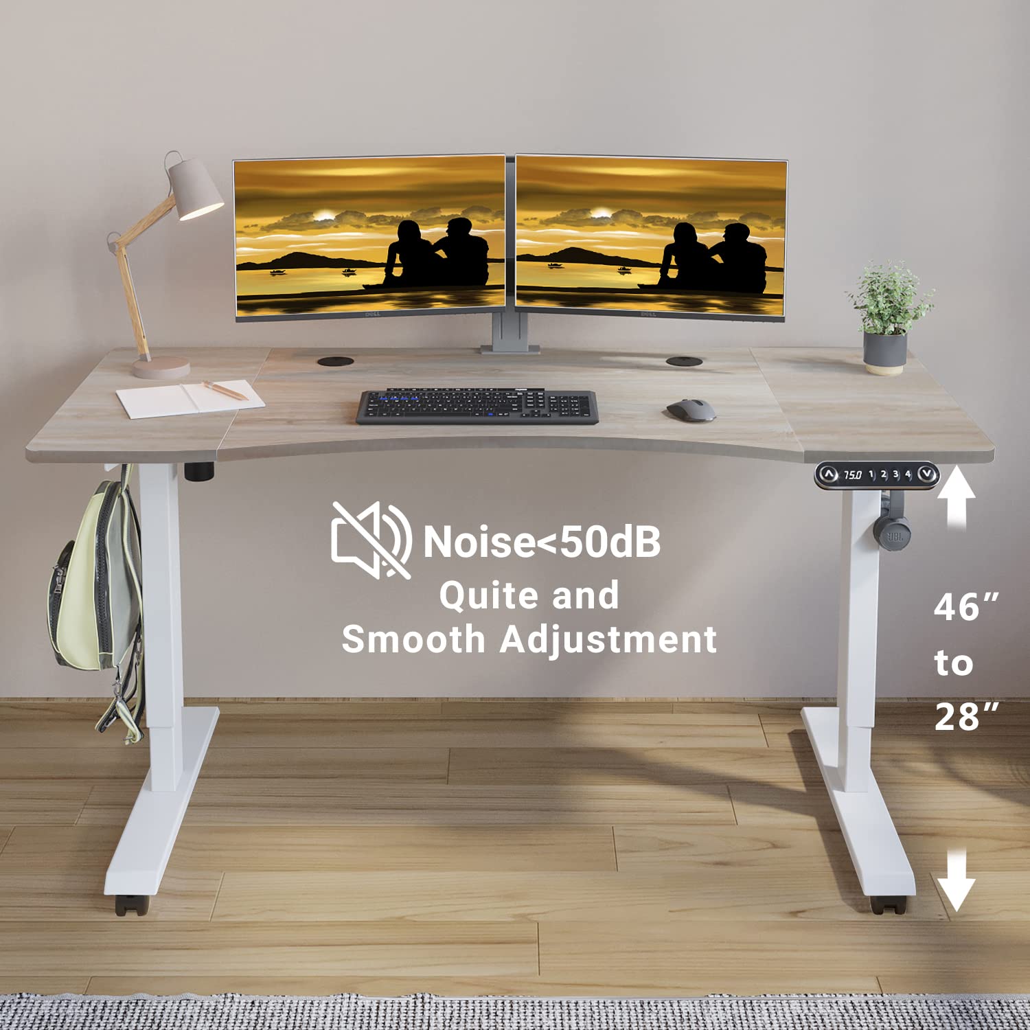 Adjustable Height Electric Standing Desk - 55 x 30 Inch Sit Stand Computer Desk with Splice Board, White Frame & Oak Top (Rounded Edge) - Ergonomic Home Office Desk for Work, Gaming & Study