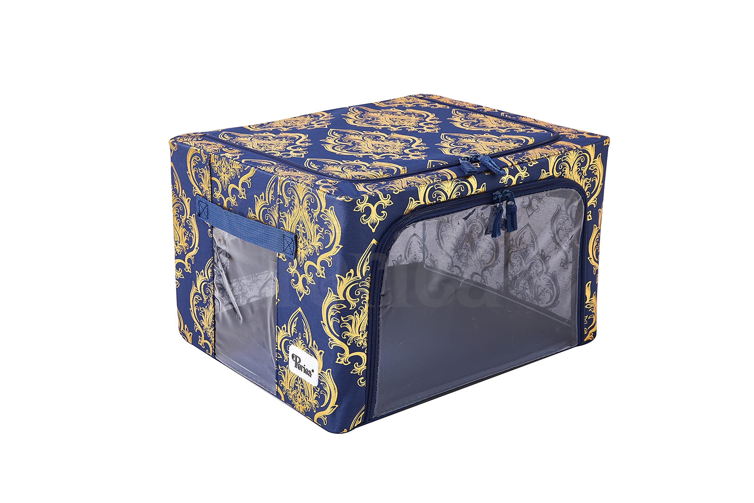 Oxford Cloth Steel Frame Storage Boxes - Under Bed & Closet Organizer Set of 2 Small Fabric Bins (Metallic Damask) - Perfect for Bedroom, Nursery & Dorm Organization
