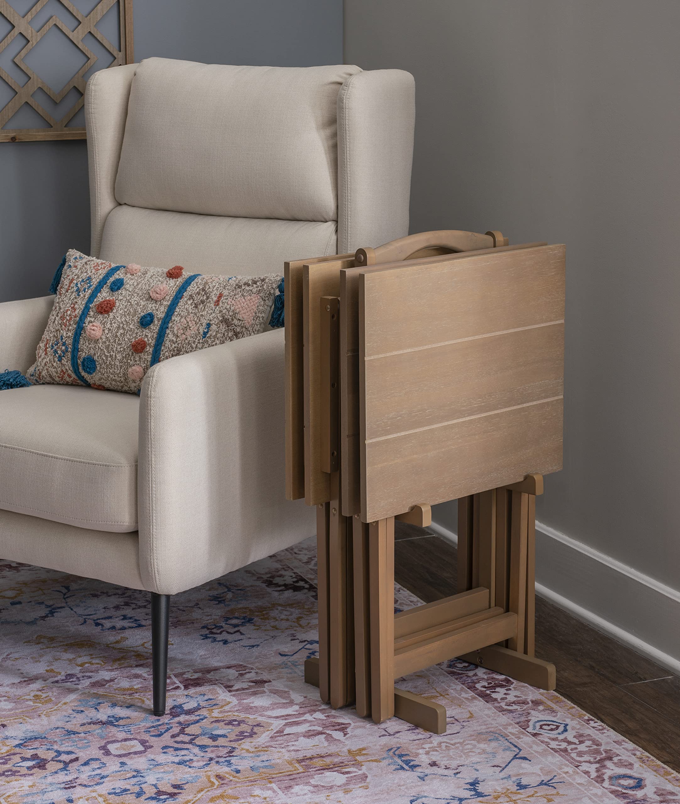 Linon Acacia Grace Tray Table Set in Driftwood Finish - Side Table with Storage Tray for Living Room, Bedroom, or Patio Decor