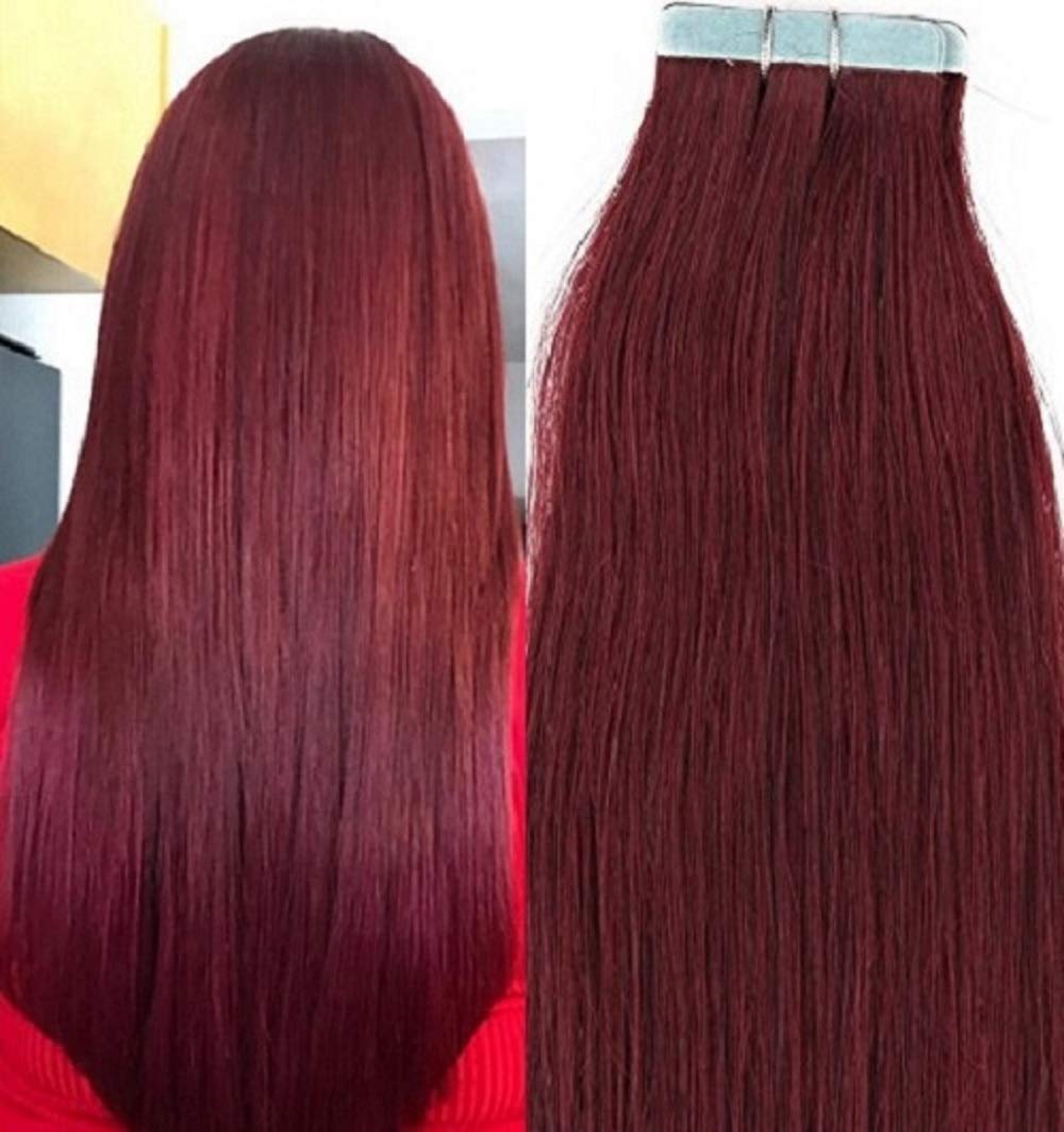 20 Inch Tape in Hair Extensions 100g 40pcs - Real Human Remy Hair, Silky Straight, #99J Burgundy Red Wine - Glue in Hair Extensions for Length & Volume - Perfect for Parties, Weddings & Daily Styling