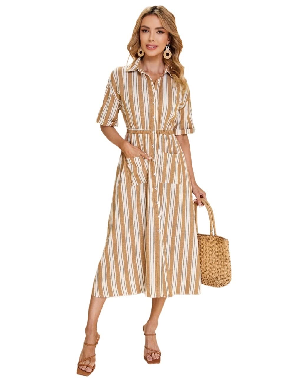 2022 Women's Summer Striped Print Shirt Dress with Belt & Pockets - Casual Beach & Vacation Outfit