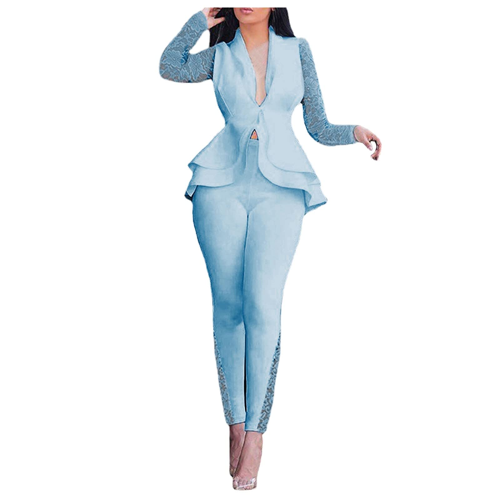 Petite Women's Snow Bibs Set - Solid Color Lace Trim V-Neck Long Sleeve Coat with Ruffle Button & Long Pants Outfit for Winter Outdoor Activities