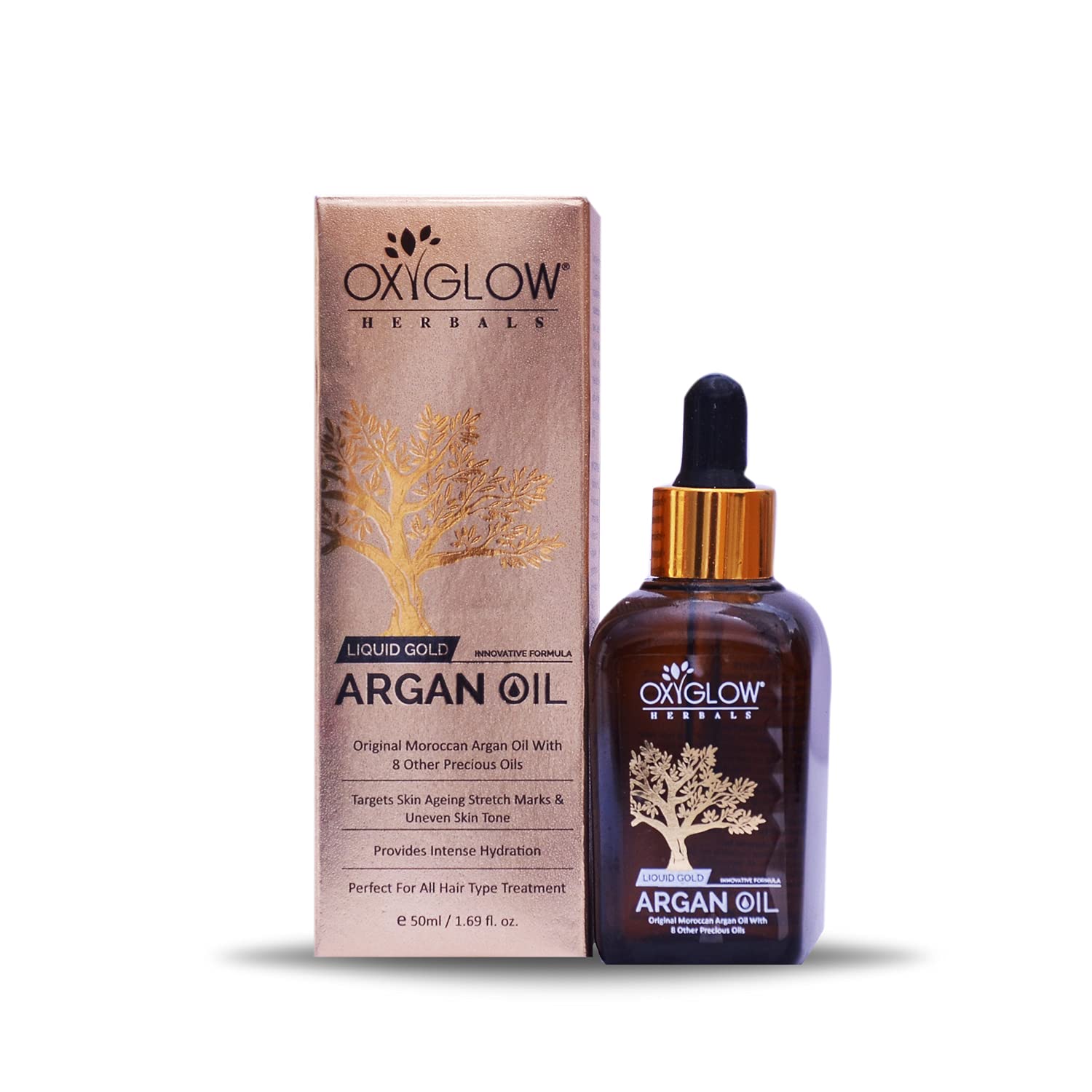 Premium OXYGLOW HERBALS Moroccan Argan Oil with 8 Essential Oils - 50g for Hair & Skin Care | Men & Women | Perfect for Daily Moisturizing, Frizz Control & Anti-Aging
