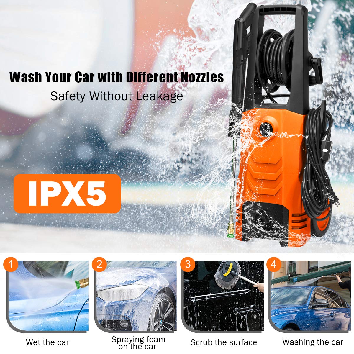 Goplus 3500PSI 2.6GPM Electric Pressure Washer - 1800W High Power Portable Pressure Cleaner with 4 Nozzles for Car, Fence, Patio, Driveway, Deck & Garden Cleaning (Orange) - Perfect for Home, RV and Outdoor Surface Deep Cleaning