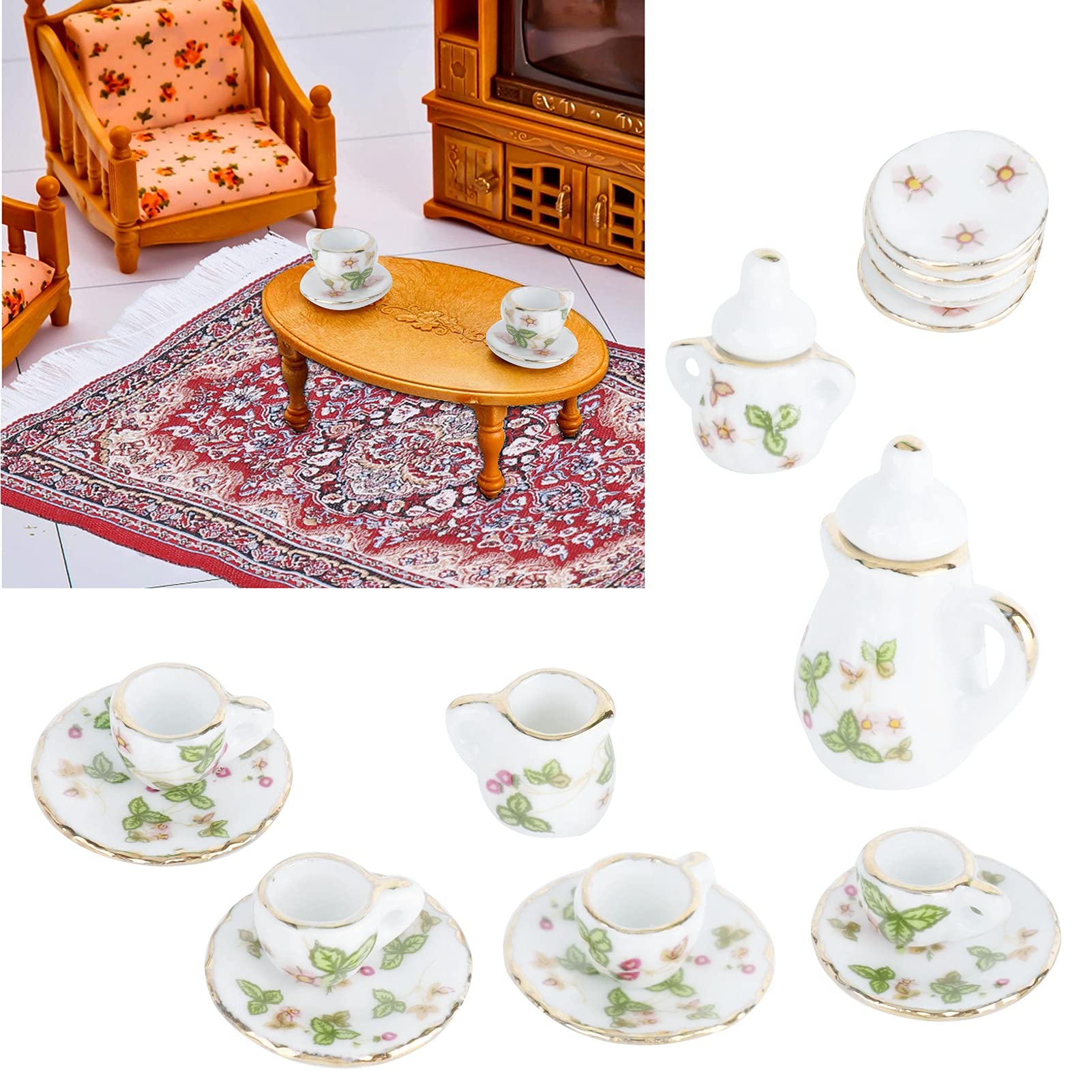 Premium Miniature Dollhouse Kitchenware Set - High-Quality Ceramic Clover Pattern Design for Baby Dolls Accessories | Perfect for Dollhouse Decor, Collectibles & Kids Pretend Play